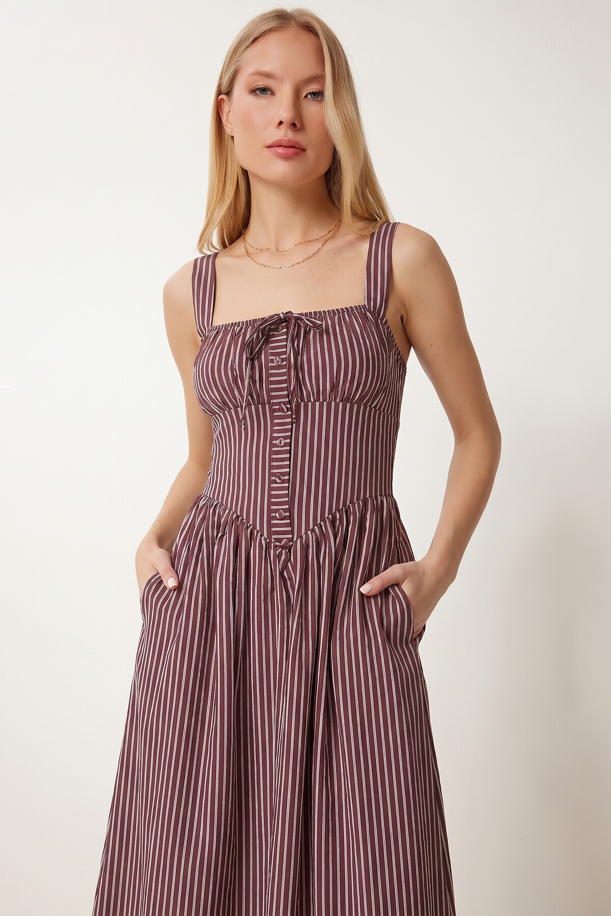 Çizgili Korse Görünümlü Poplin Midi Elbise BORDO LUB0374
