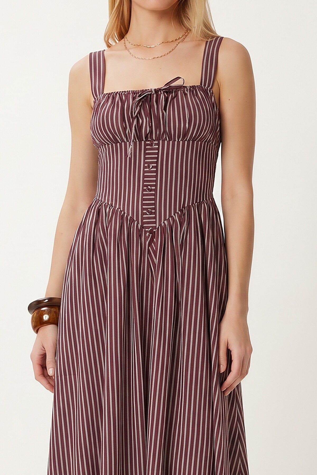 Çizgili Korse Görünümlü Poplin Midi Elbise BORDO LUB0374