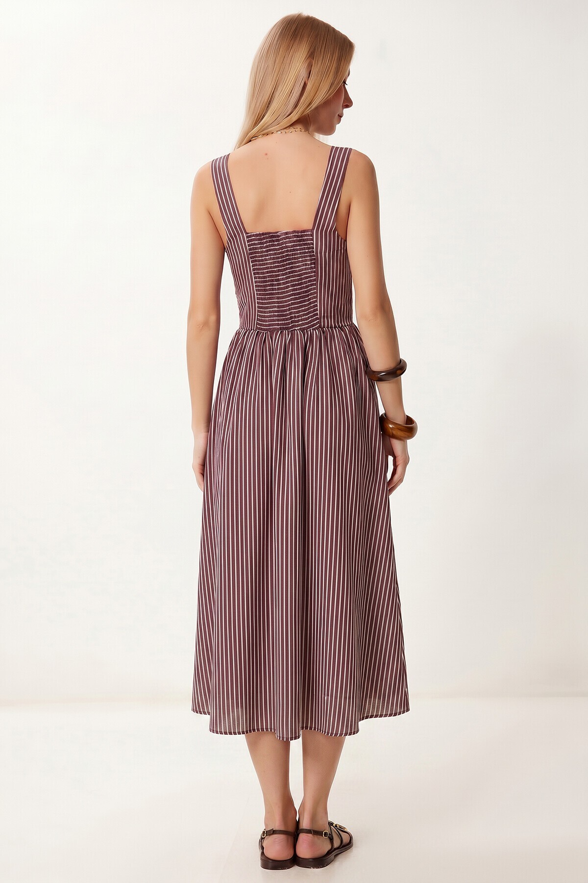 Çizgili Korse Görünümlü Poplin Midi Elbise BORDO LUB0374