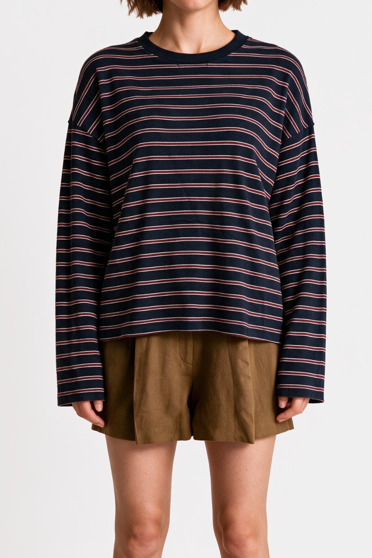 Çizgili Oversize Örme Sweatshirt LACİVERT BORDO LUB0395