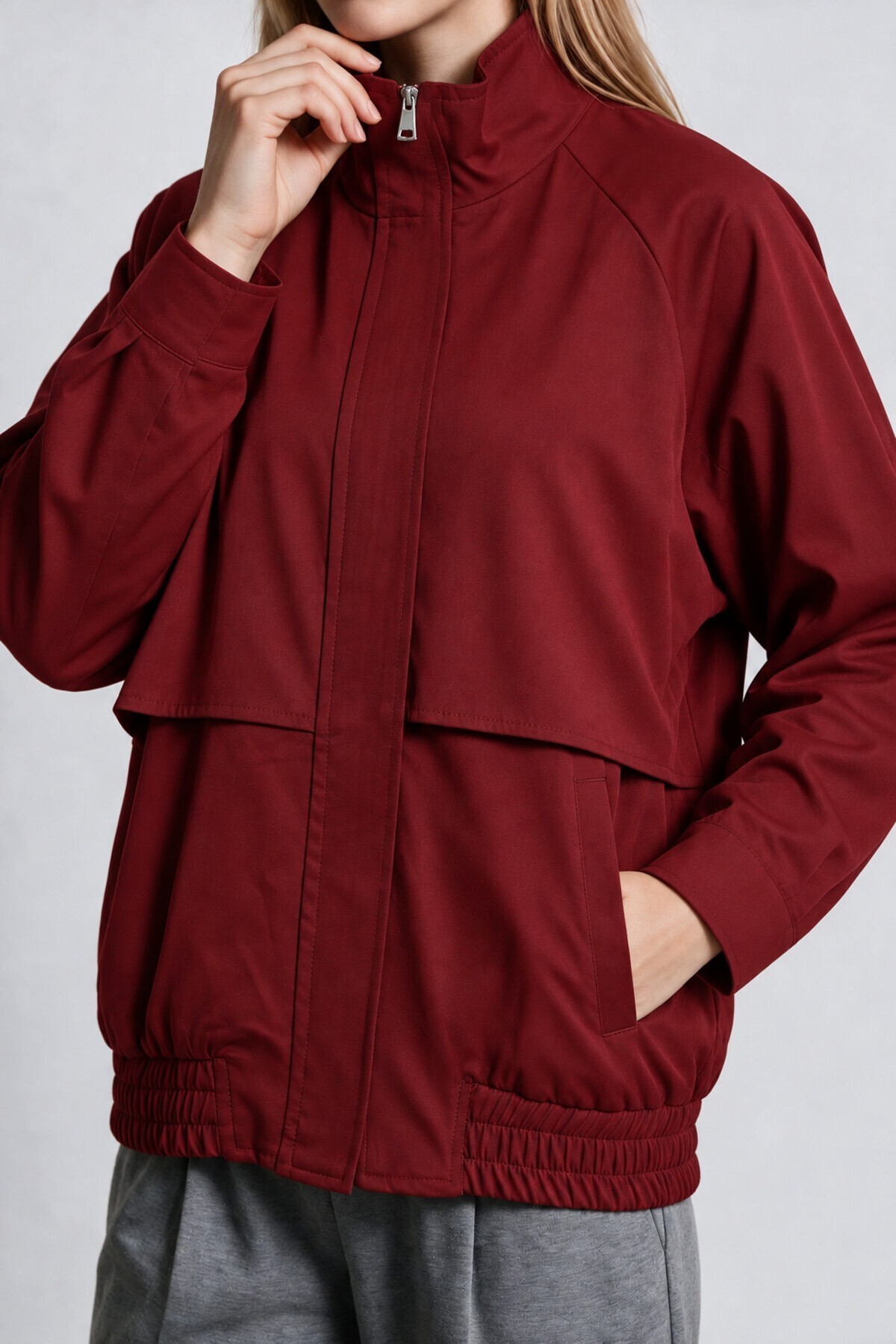 Dik Yaka Oversize Bomber Ceket BORDO LGX0018
