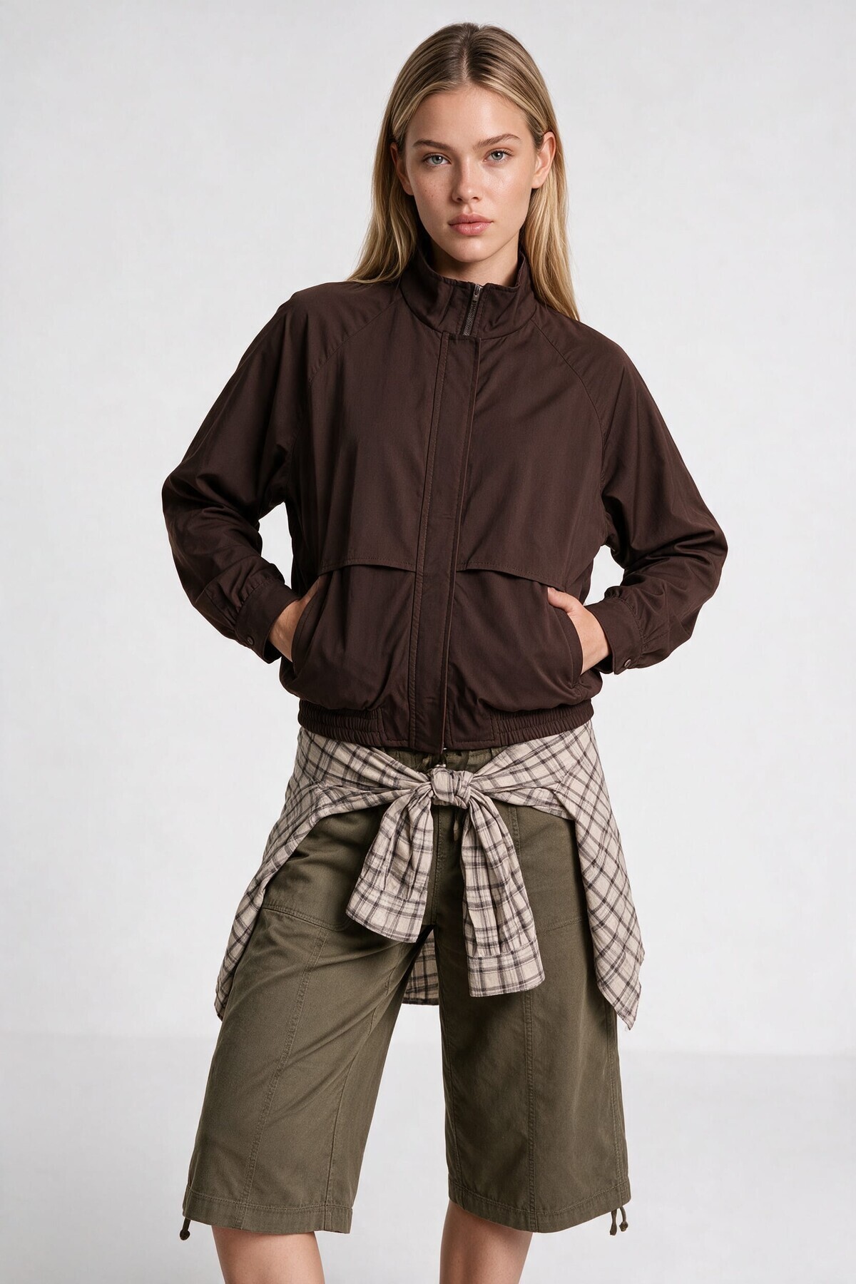 Dik Yaka Oversize Bomber Ceket KAHVERENGİ LGX0018