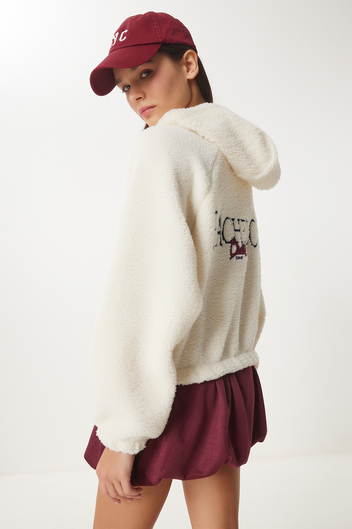 Kapüşonlu Sloganlı Peluş Sweatshirt KEMİK LAN0021