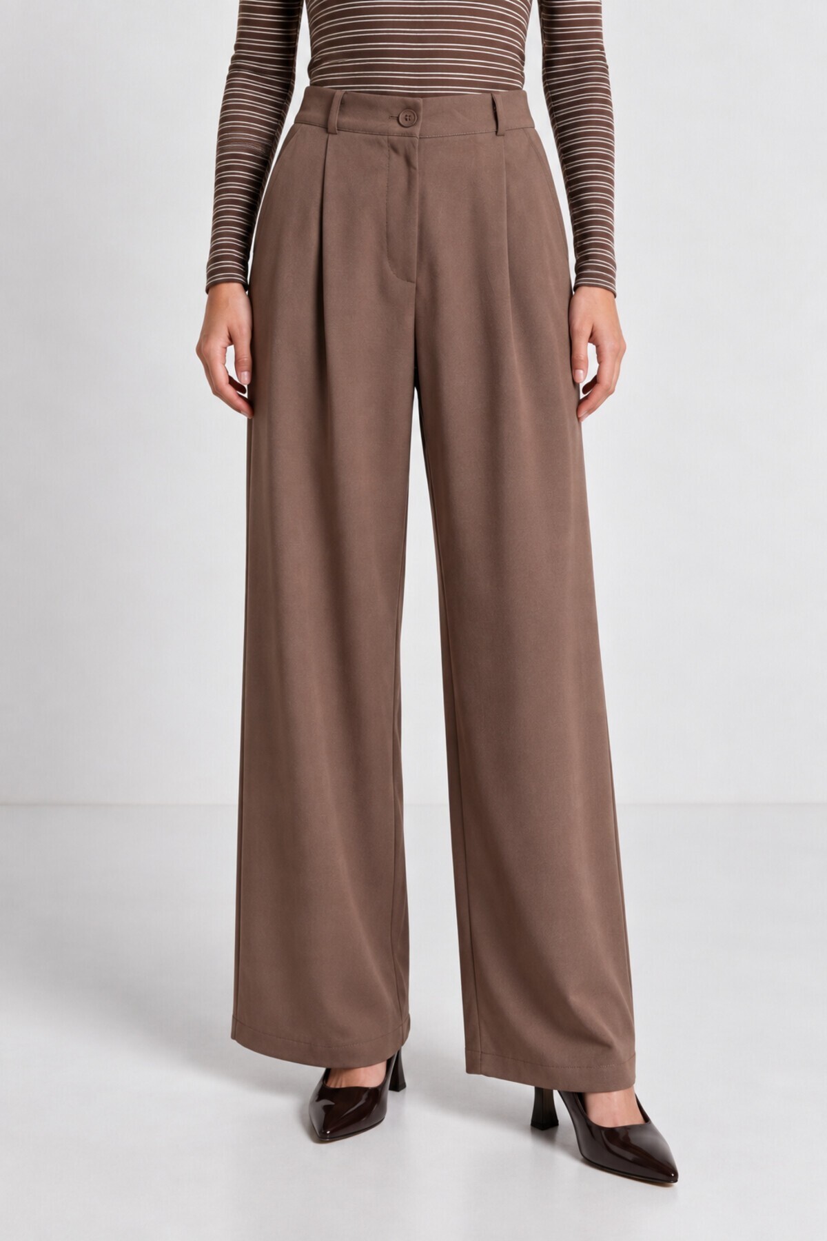 Kemerli Dokuma Palazzo Pantolon VİZON LBY0078