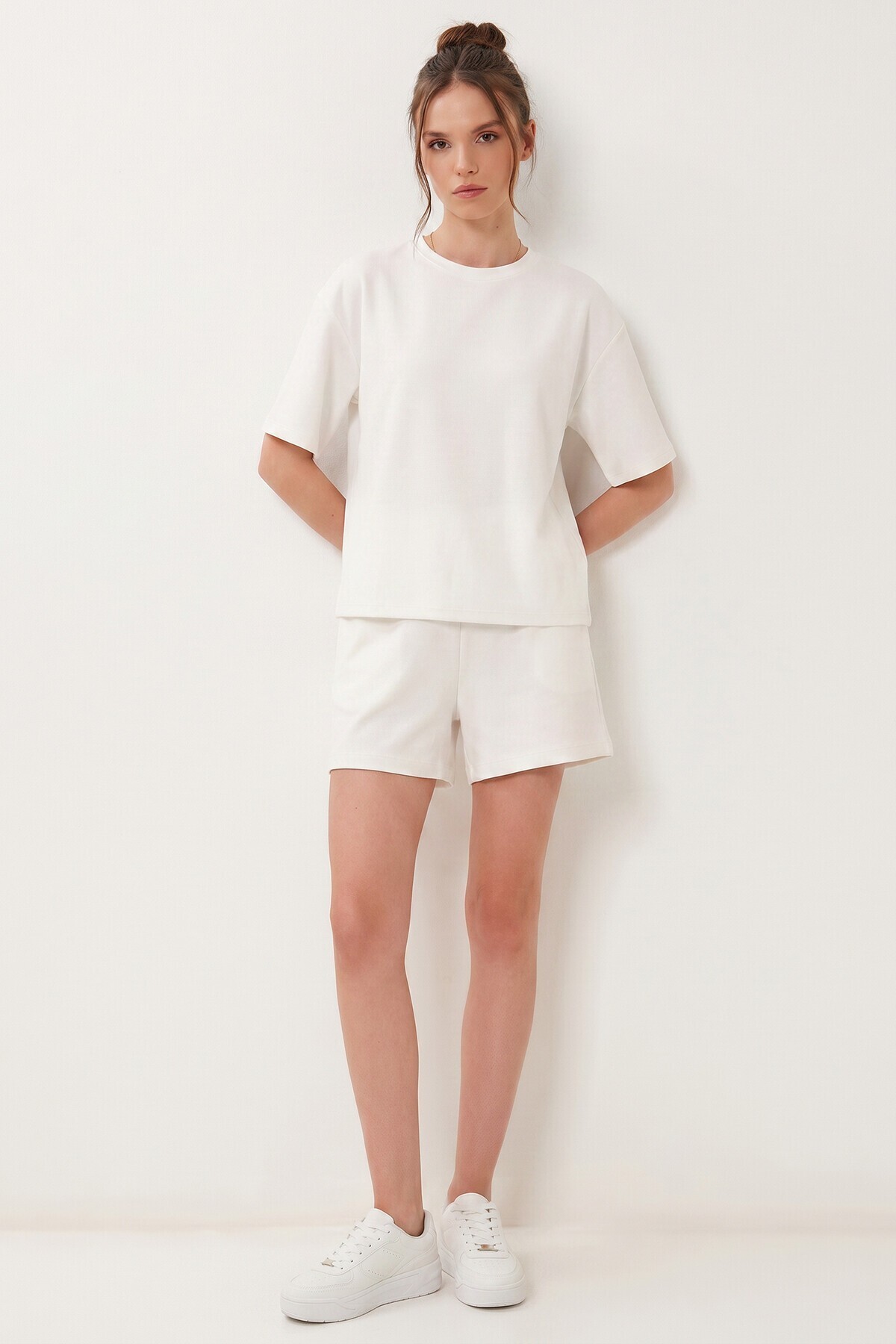 Modal Oversize T-shirt Şort Takım EKRU LUB0379