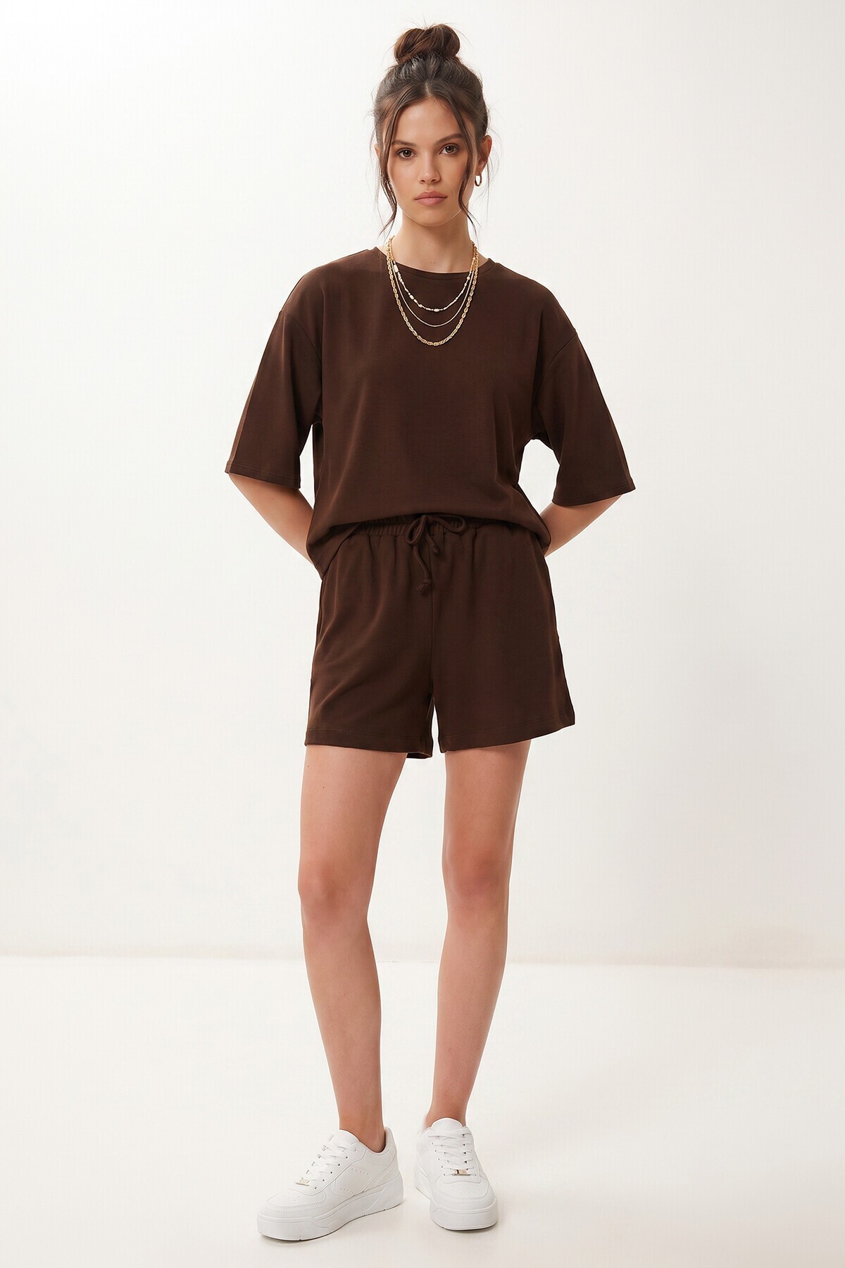 Modal Oversize T-shirt Şort Takım KAHVERENGİ LUB0379