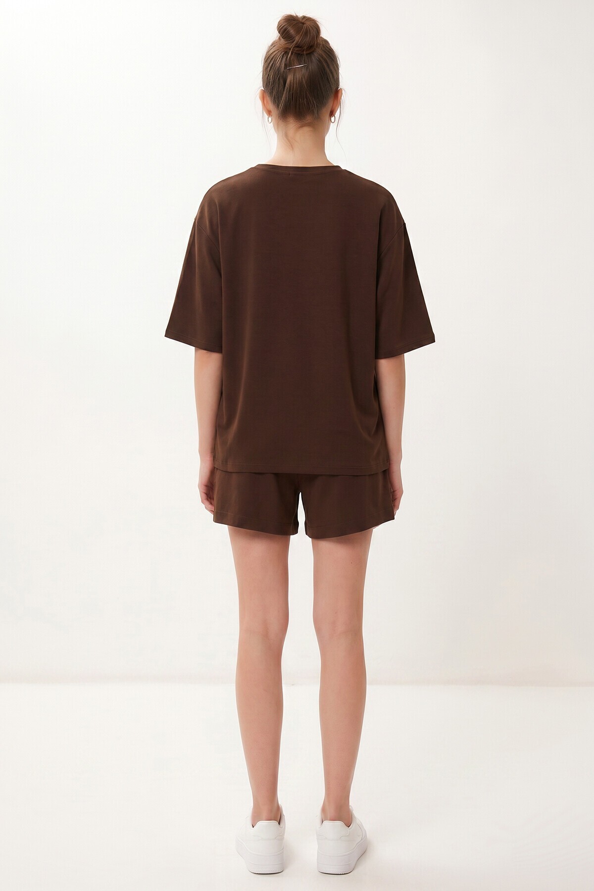 Modal Oversize T-shirt Şort Takım KAHVERENGİ LUB0379
