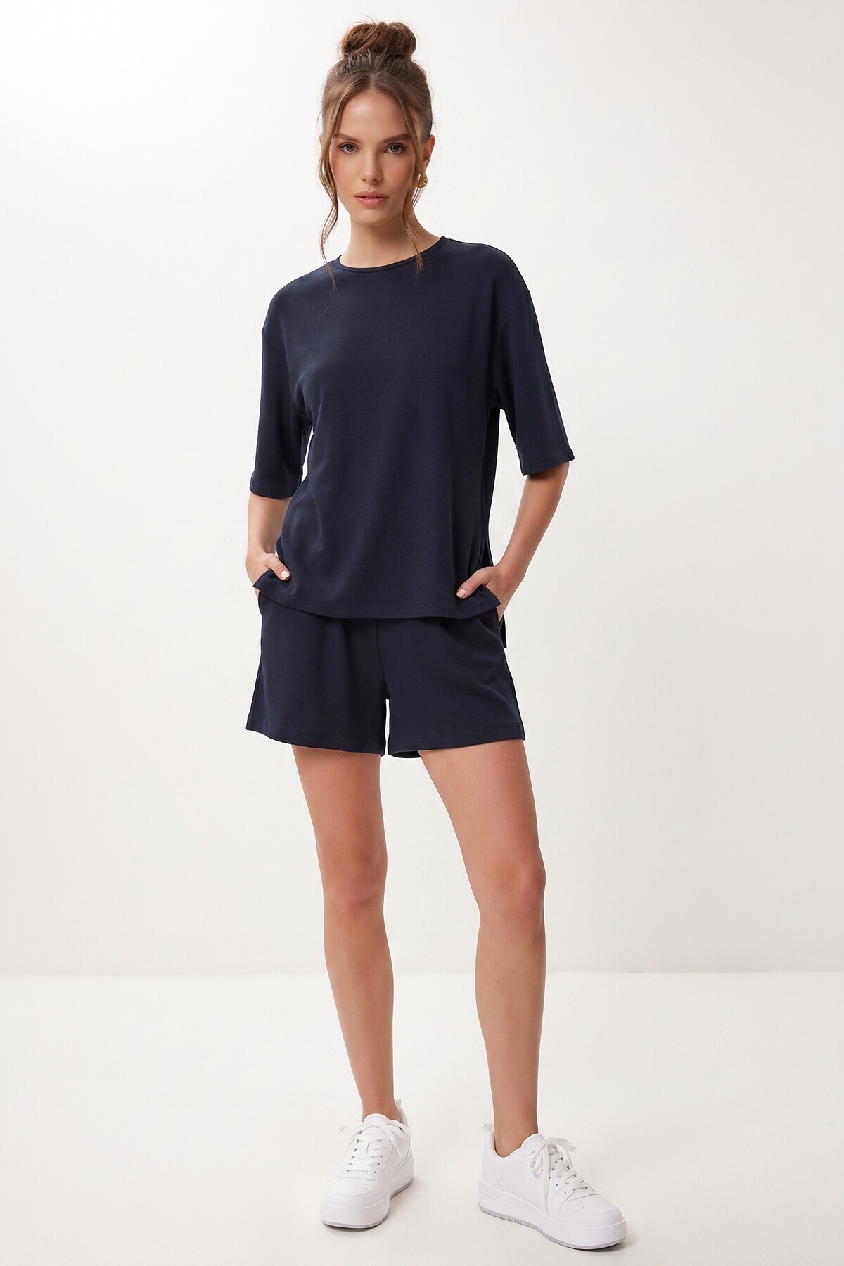 Modal Oversize T-shirt Şort Takım LACİVERT LUB0379