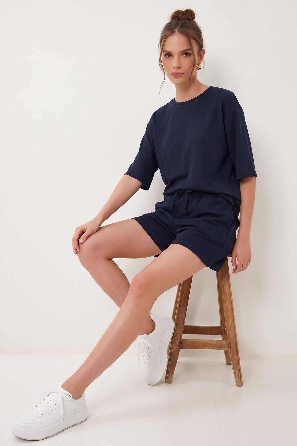 Modal Oversize T-shirt Şort Takım LACİVERT LUB0379