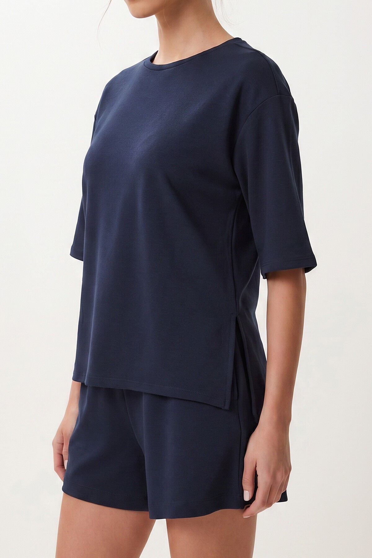 Modal Oversize T-shirt Şort Takım LACİVERT LUB0379