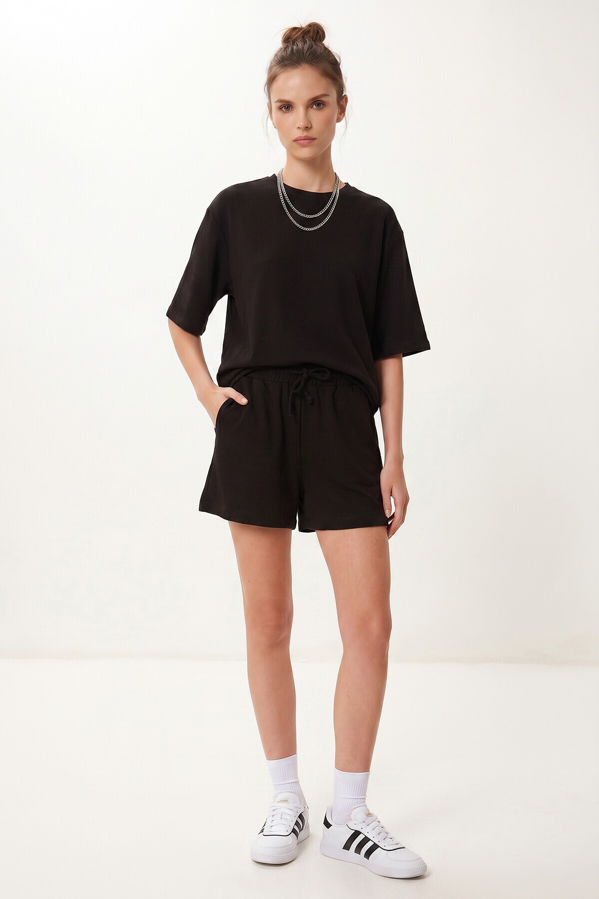 Modal Oversize T-shirt Şort Takım SİYAH LUB0379