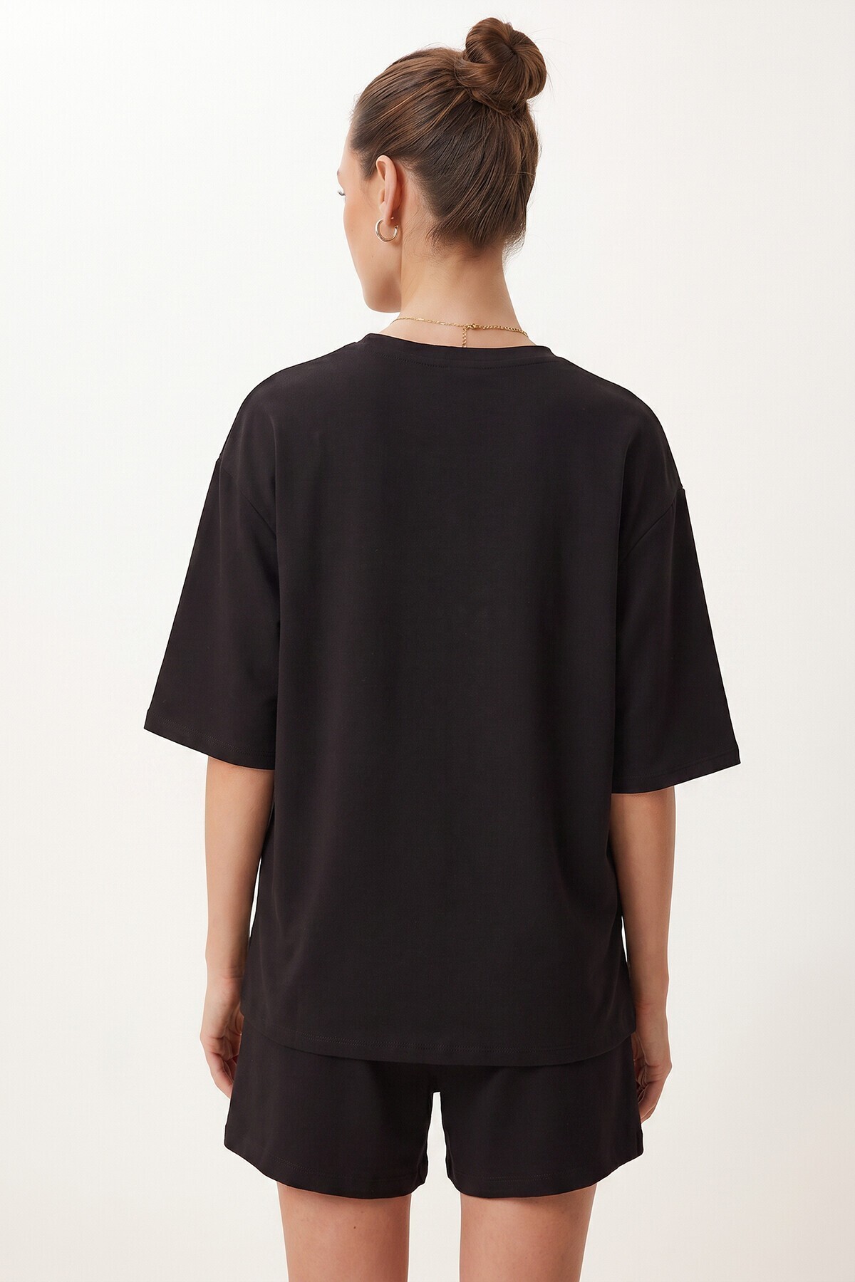 Modal Oversize T-shirt Şort Takım SİYAH LUB0379