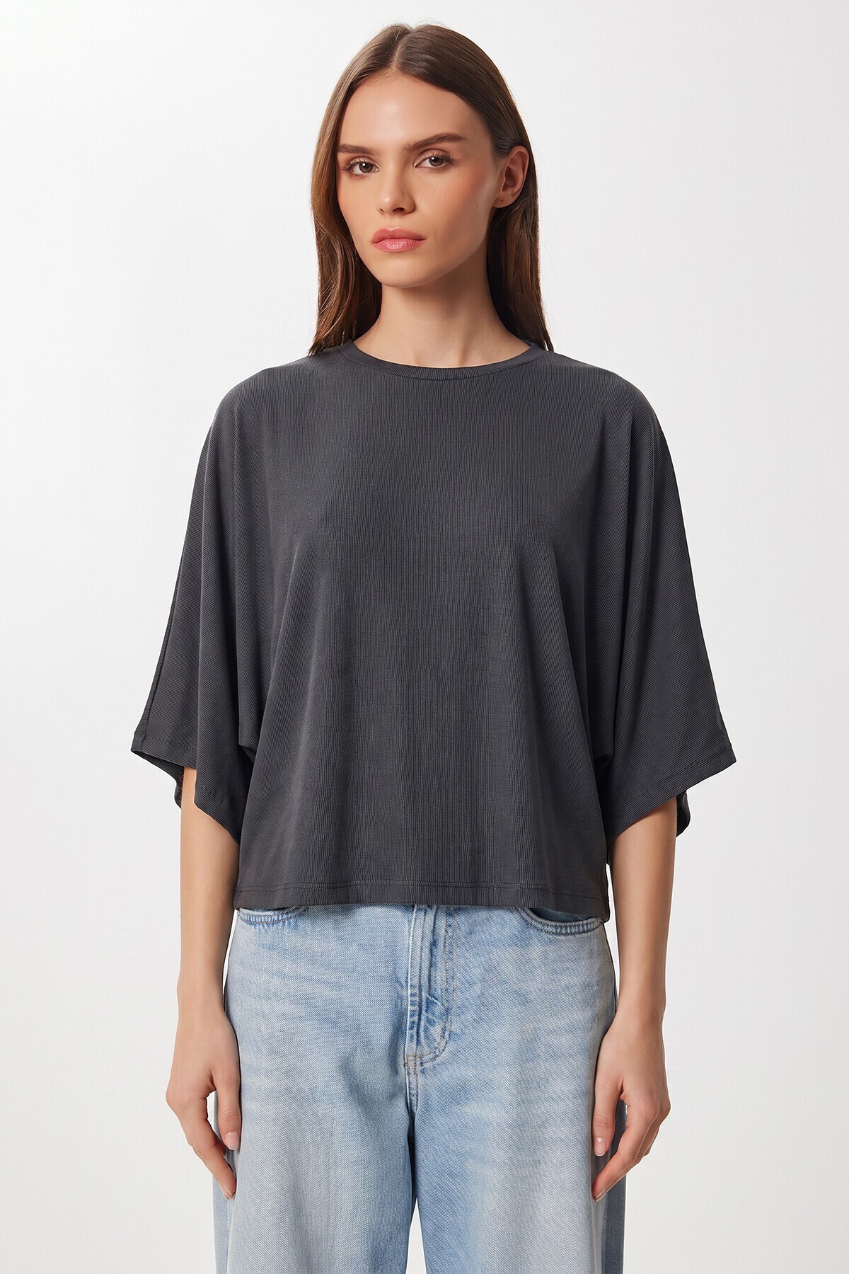 Yarasa Kollu Basic Örme Bluz ANTRASİT LUB0369