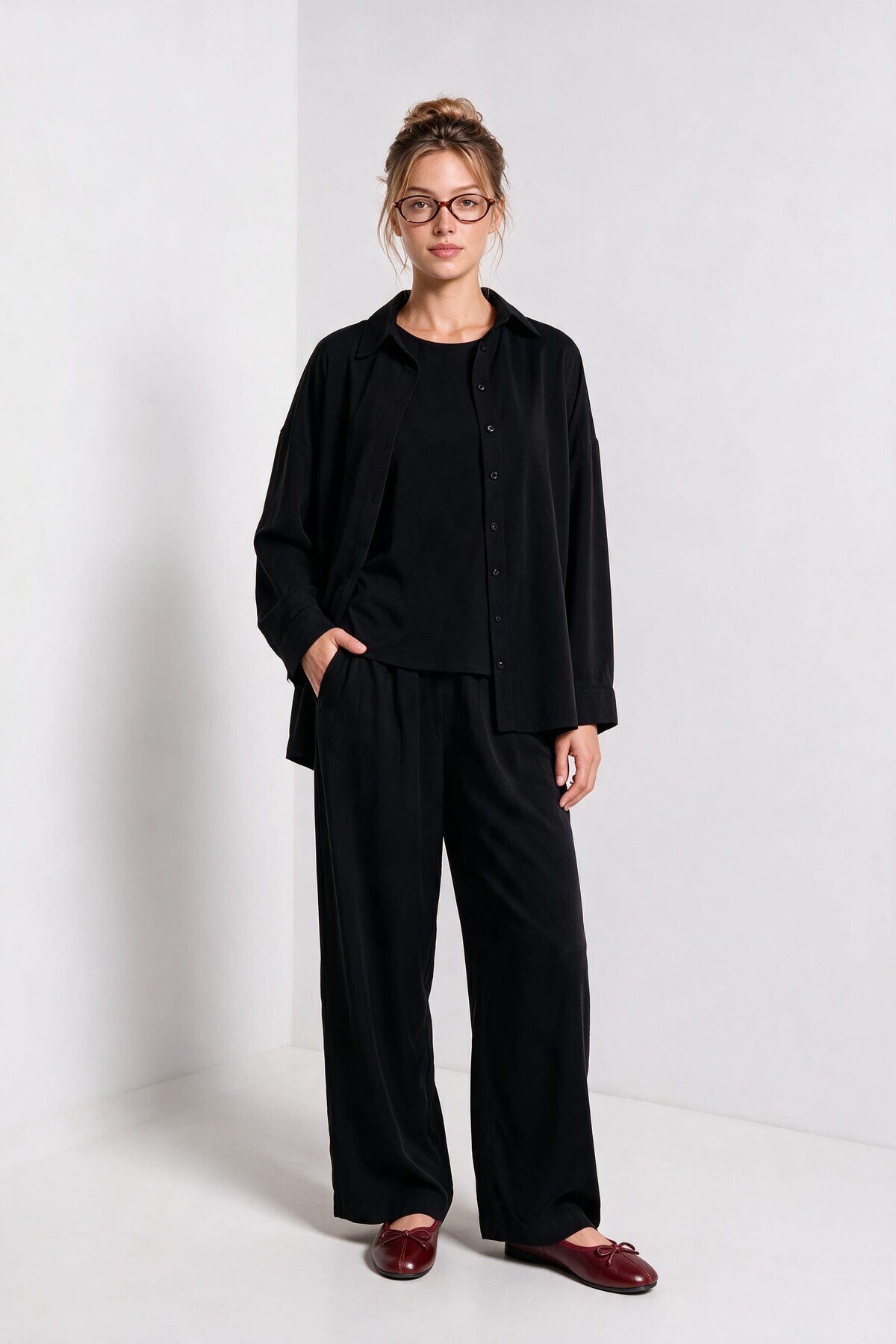 3’lü Gömlek Bluz Pantolon Gabardin Takım SİYAH LBY0071