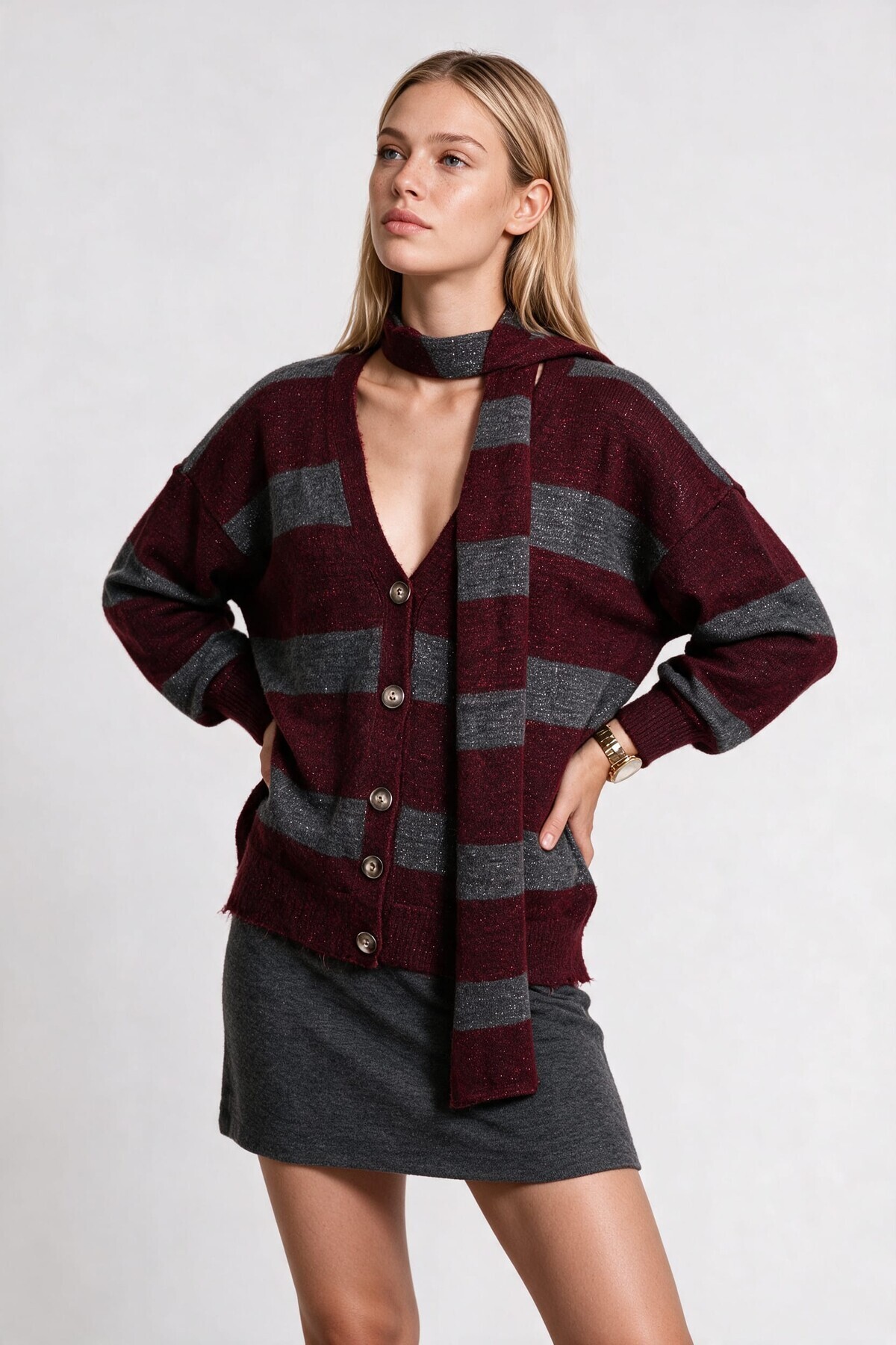 Atkılı Simli Çizgili Oversize Triko Hırka ANTRASİT BORDO LYY0155