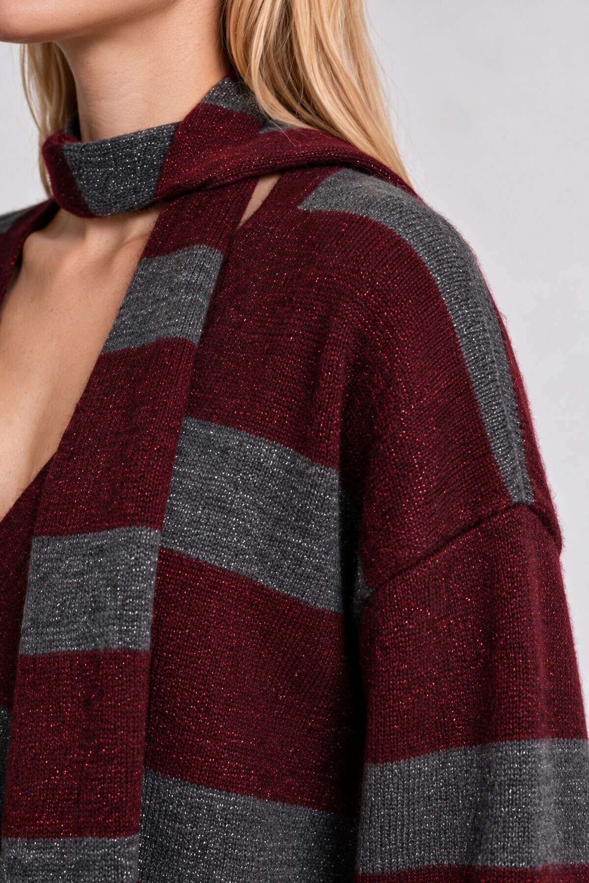 Atkılı Simli Çizgili Oversize Triko Hırka ANTRASİT BORDO LYY0155