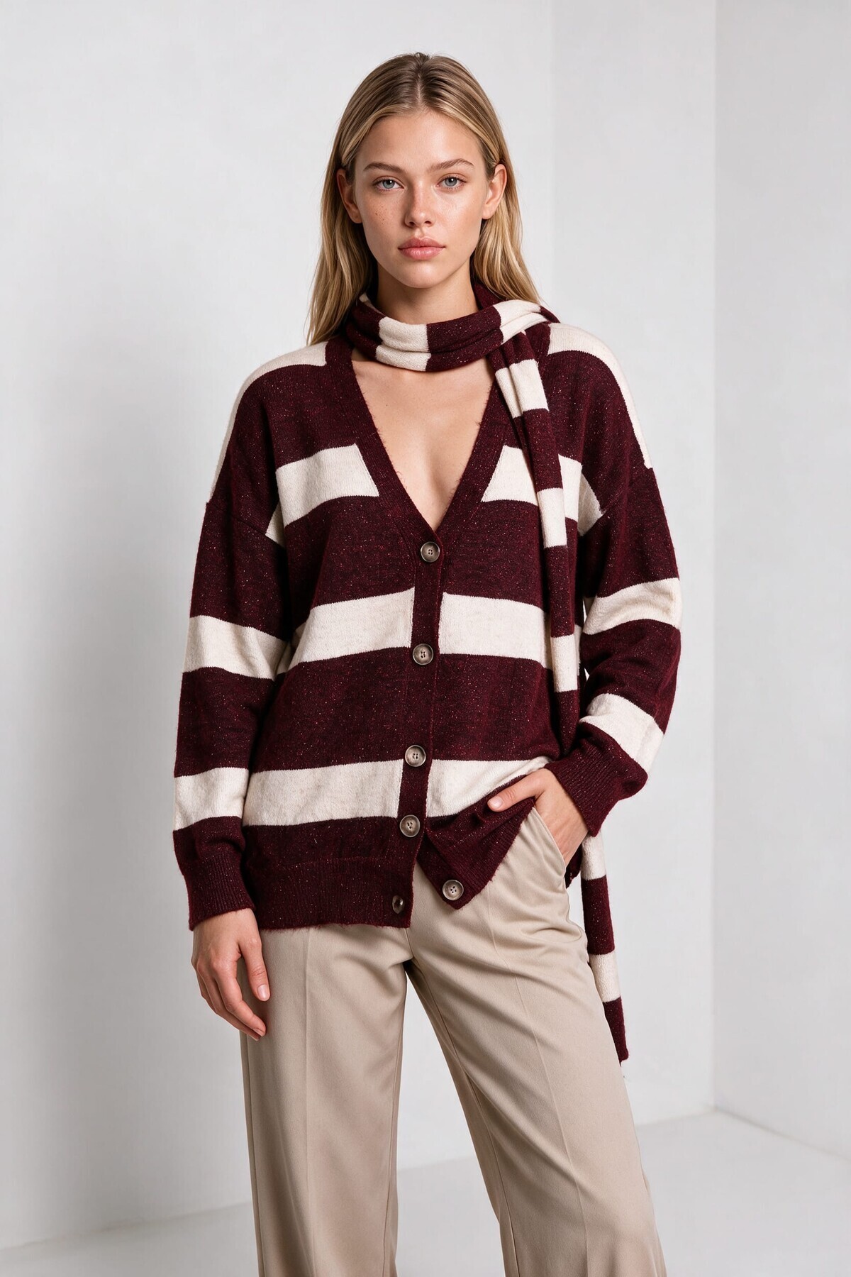 Atkılı Simli Çizgili Oversize Triko Hırka BORDO KEMİK LYY0155