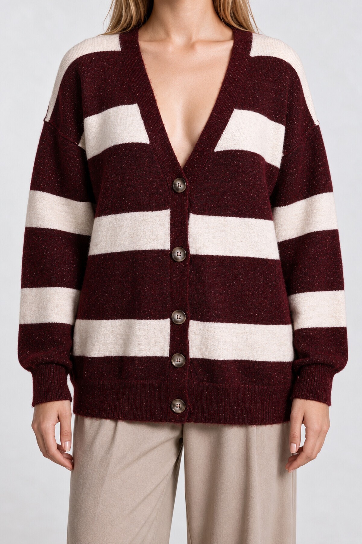 Atkılı Simli Çizgili Oversize Triko Hırka BORDO KEMİK LYY0155