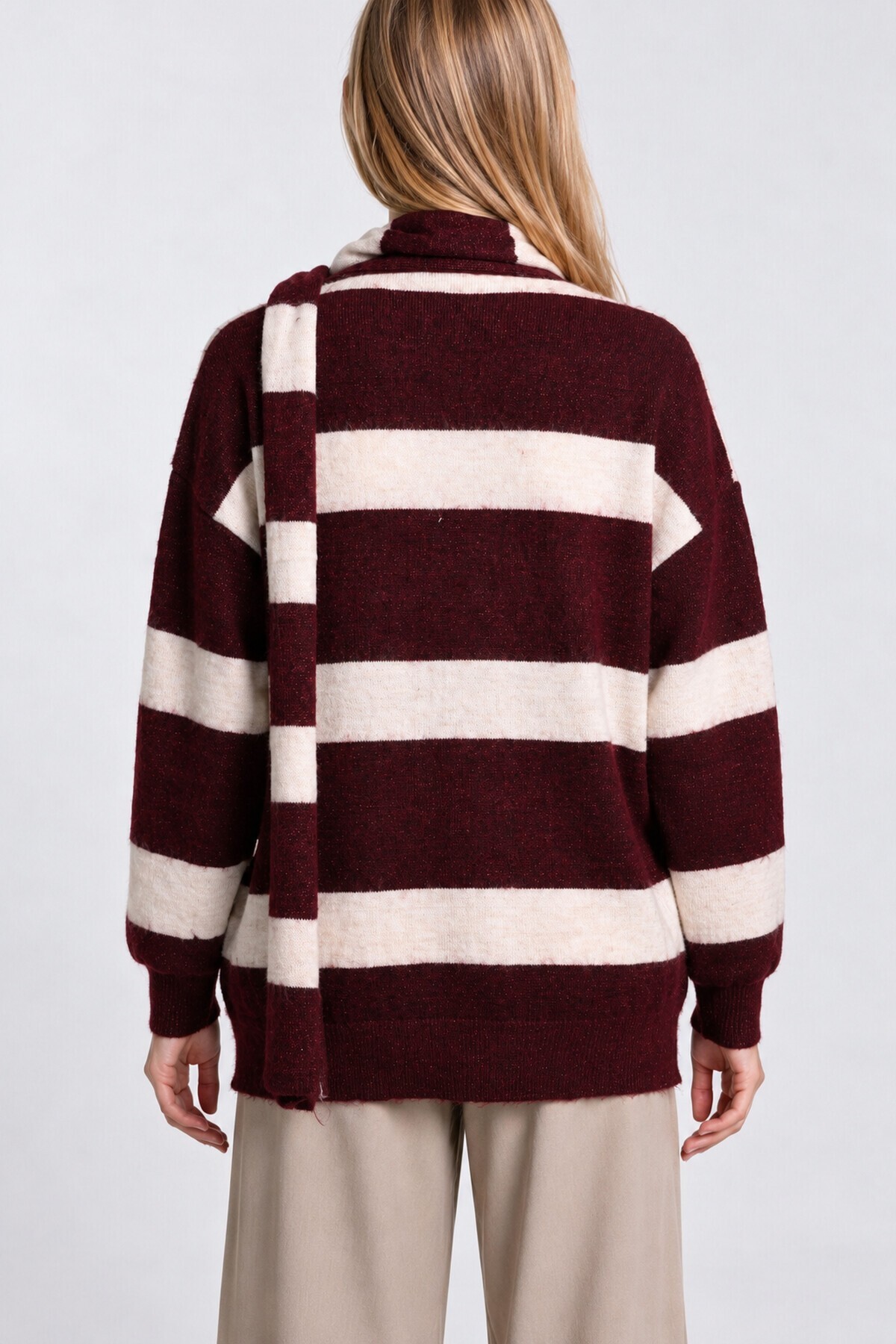 Atkılı Simli Çizgili Oversize Triko Hırka BORDO KEMİK LYY0155