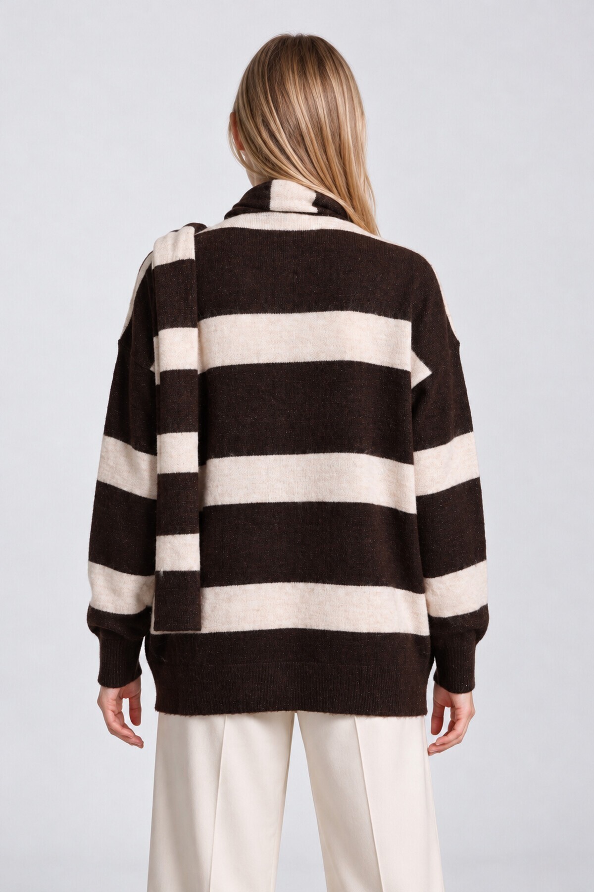 Atkılı Simli Çizgili Oversize Triko Hırka KAHVERENGİ KEMİK LYY0155