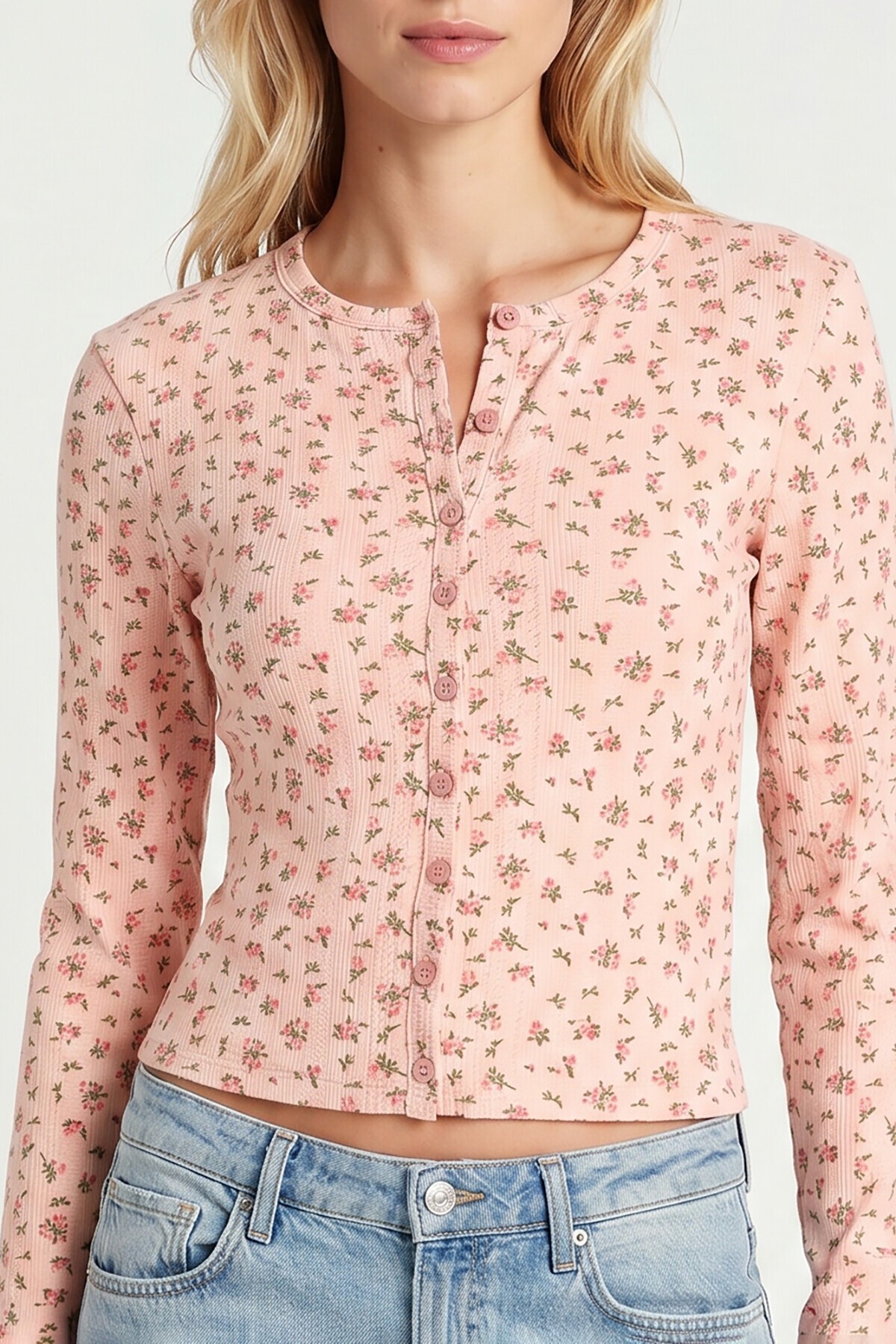 Çiçek Desenli Düğmeli Mevsimlik Bluz PEMBE LUB0358