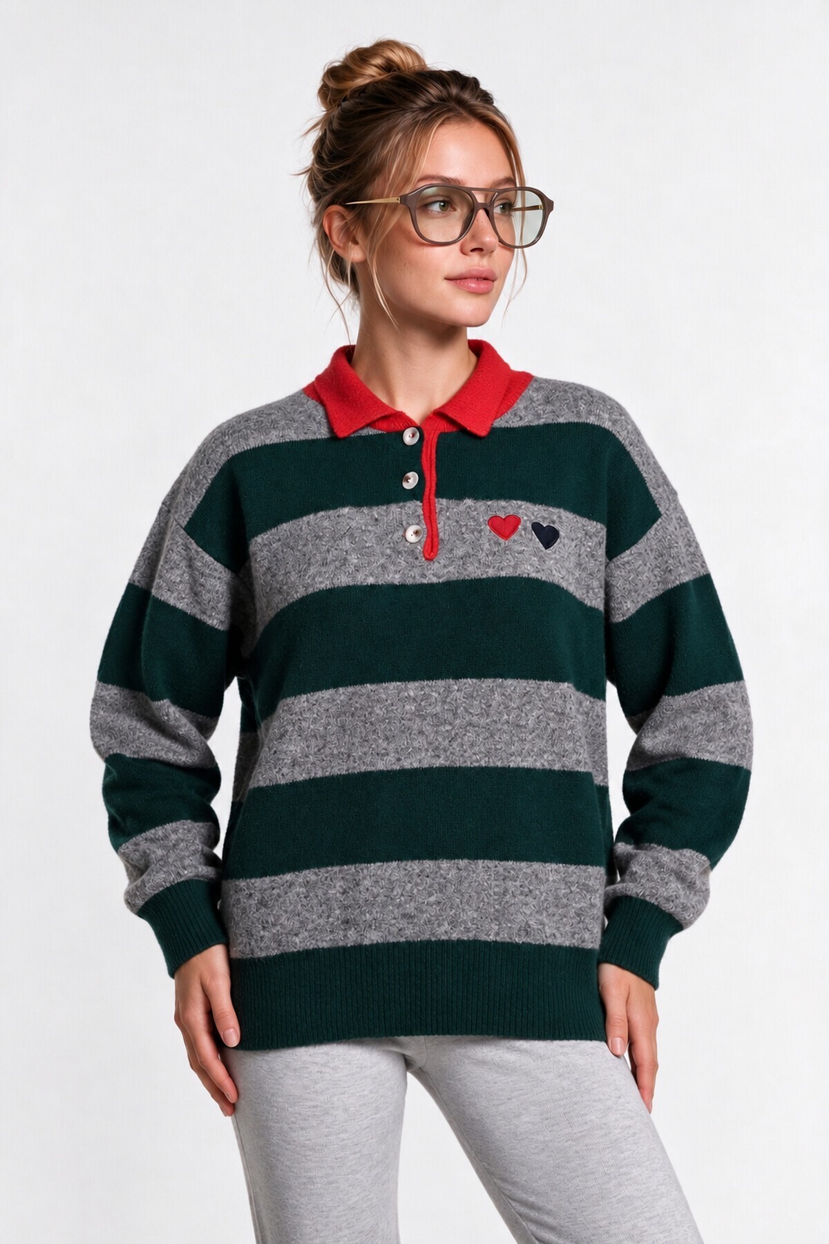 Çizgili Nakış İşlemeli Oversize Triko Kazak 4313 YEŞİL GRİ LKİ0060