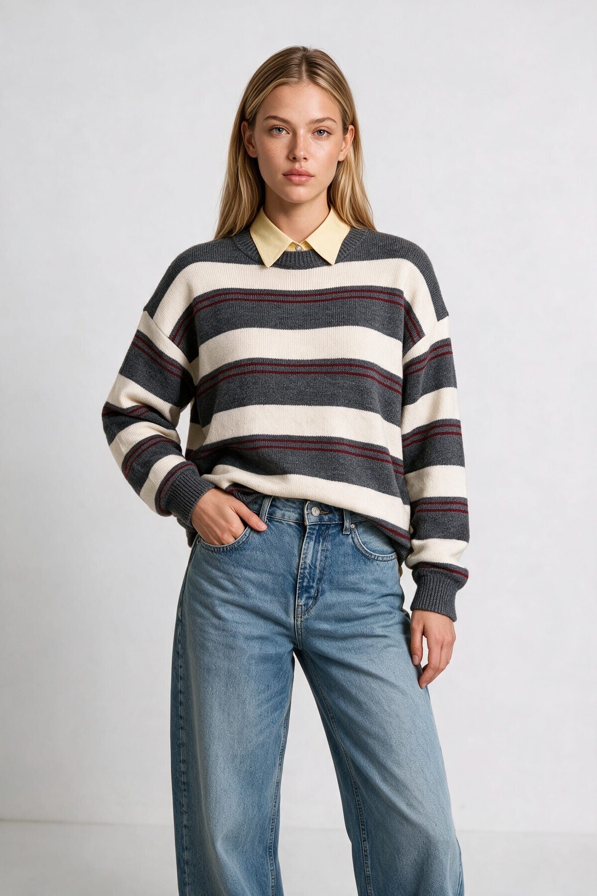 Çizgili Oversize Triko Kazak 4302 ANTRASİT KEMİK LKİ0076