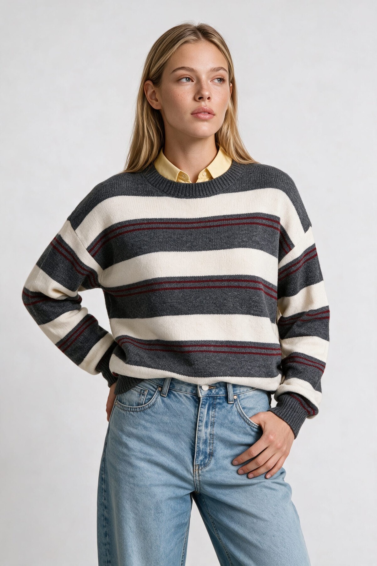 Çizgili Oversize Triko Kazak 4302 ANTRASİT KEMİK LKİ0076