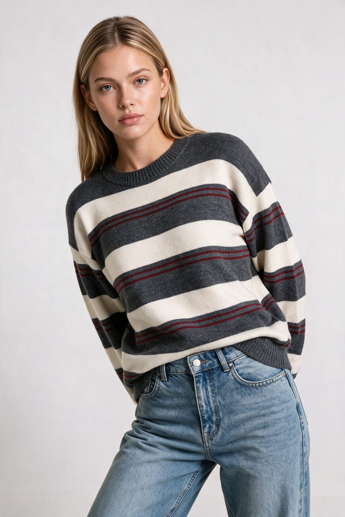 Çizgili Oversize Triko Kazak 4302 ANTRASİT KEMİK LKİ0076