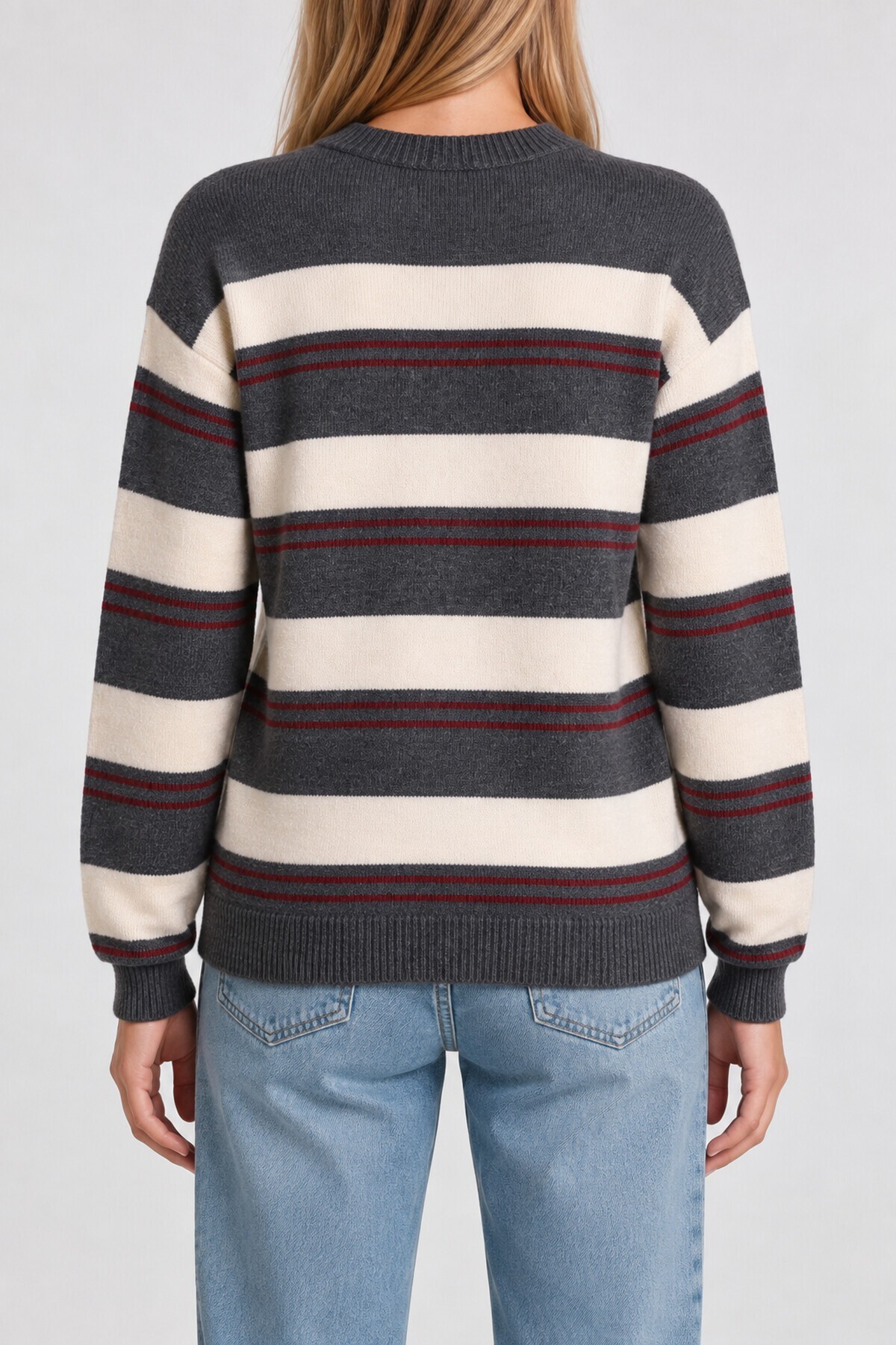 Çizgili Oversize Triko Kazak 4302 ANTRASİT KEMİK LKİ0076