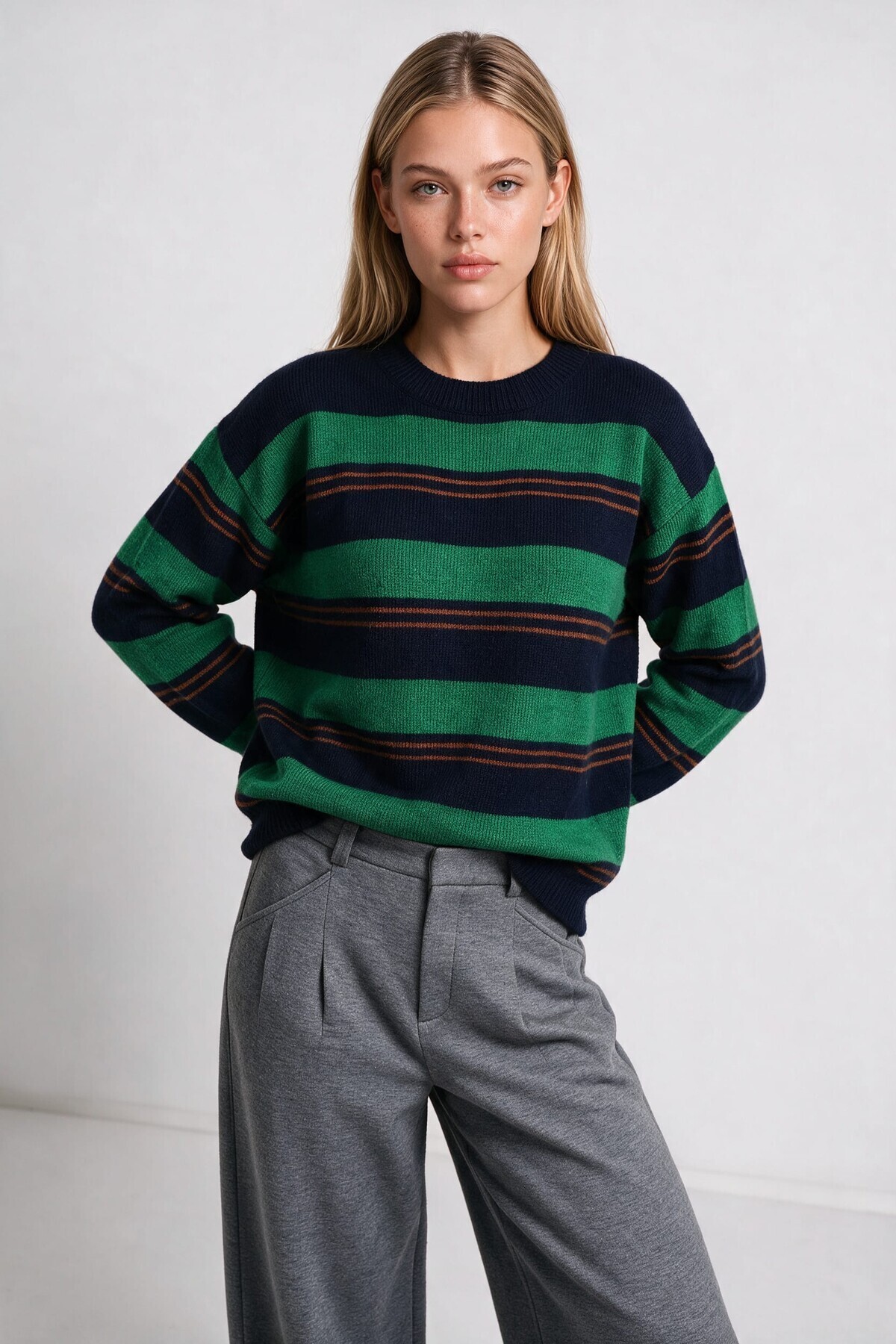 Çizgili Oversize Triko Kazak 4302 LACİVERT YEŞİL LKİ0076