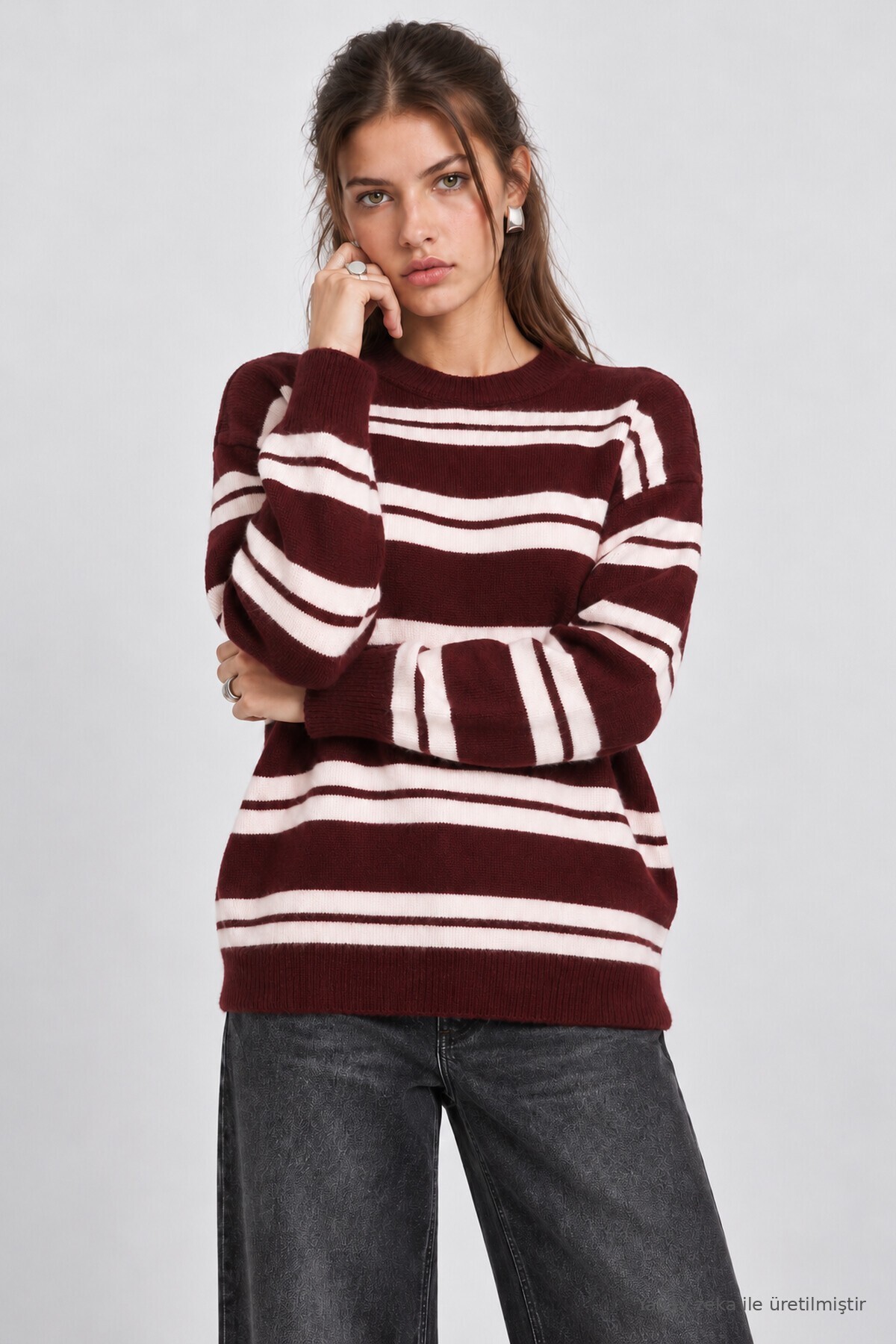 Çizgili Oversize Triko Kazak BORDO PEMBE LMA0001