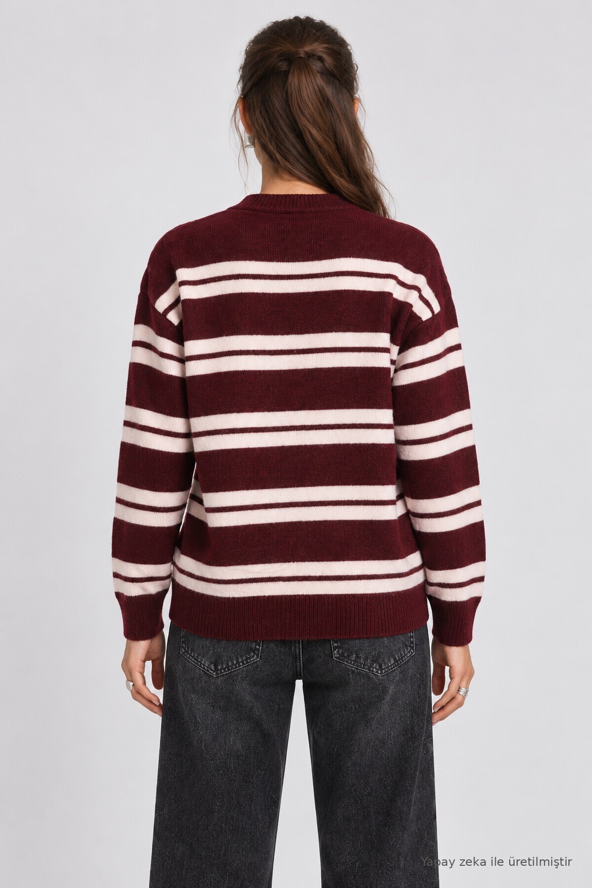 Çizgili Oversize Triko Kazak BORDO PEMBE LMA0001