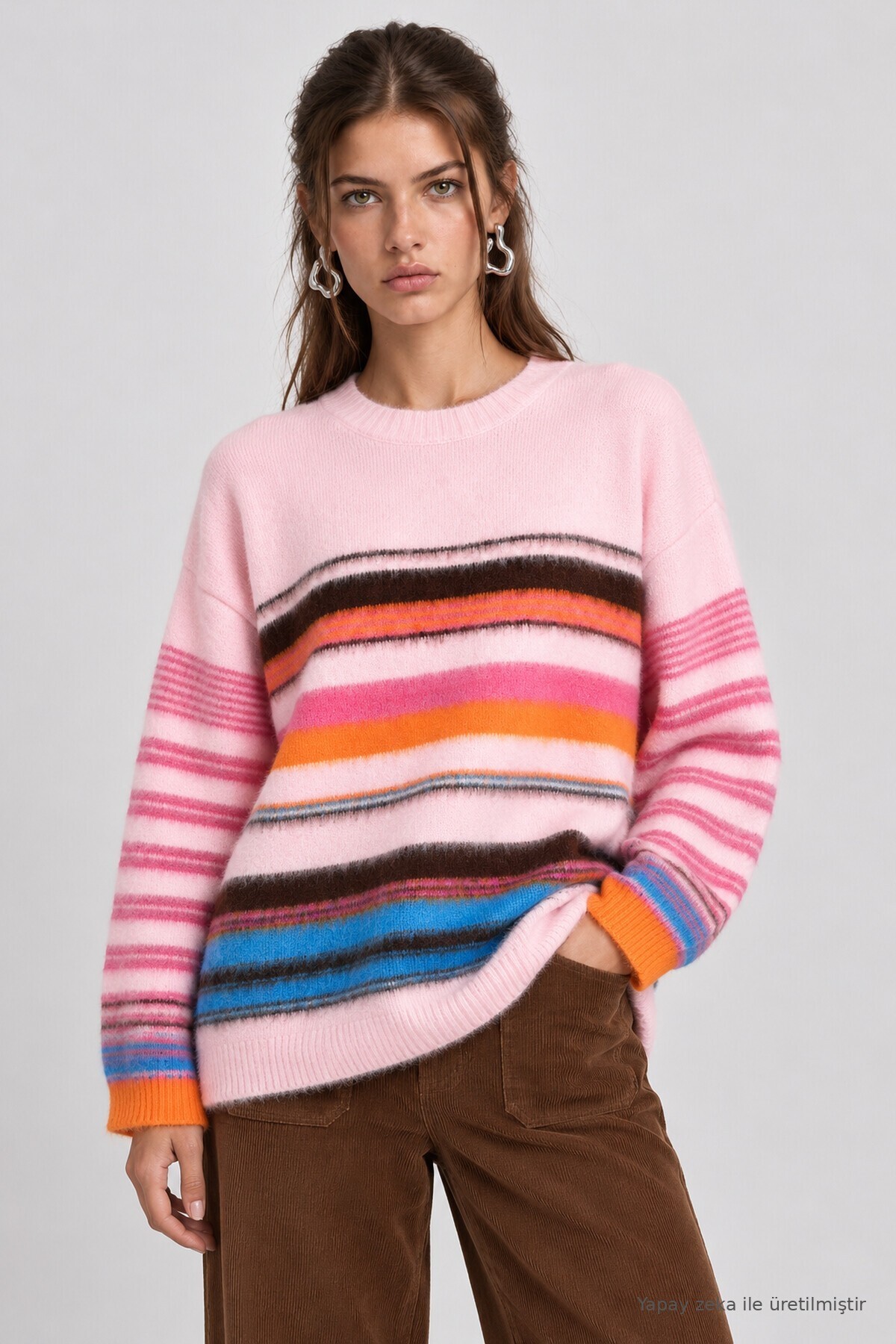 Çizgili Oversize Triko Kazak PEMBE ORANJ LMA0004