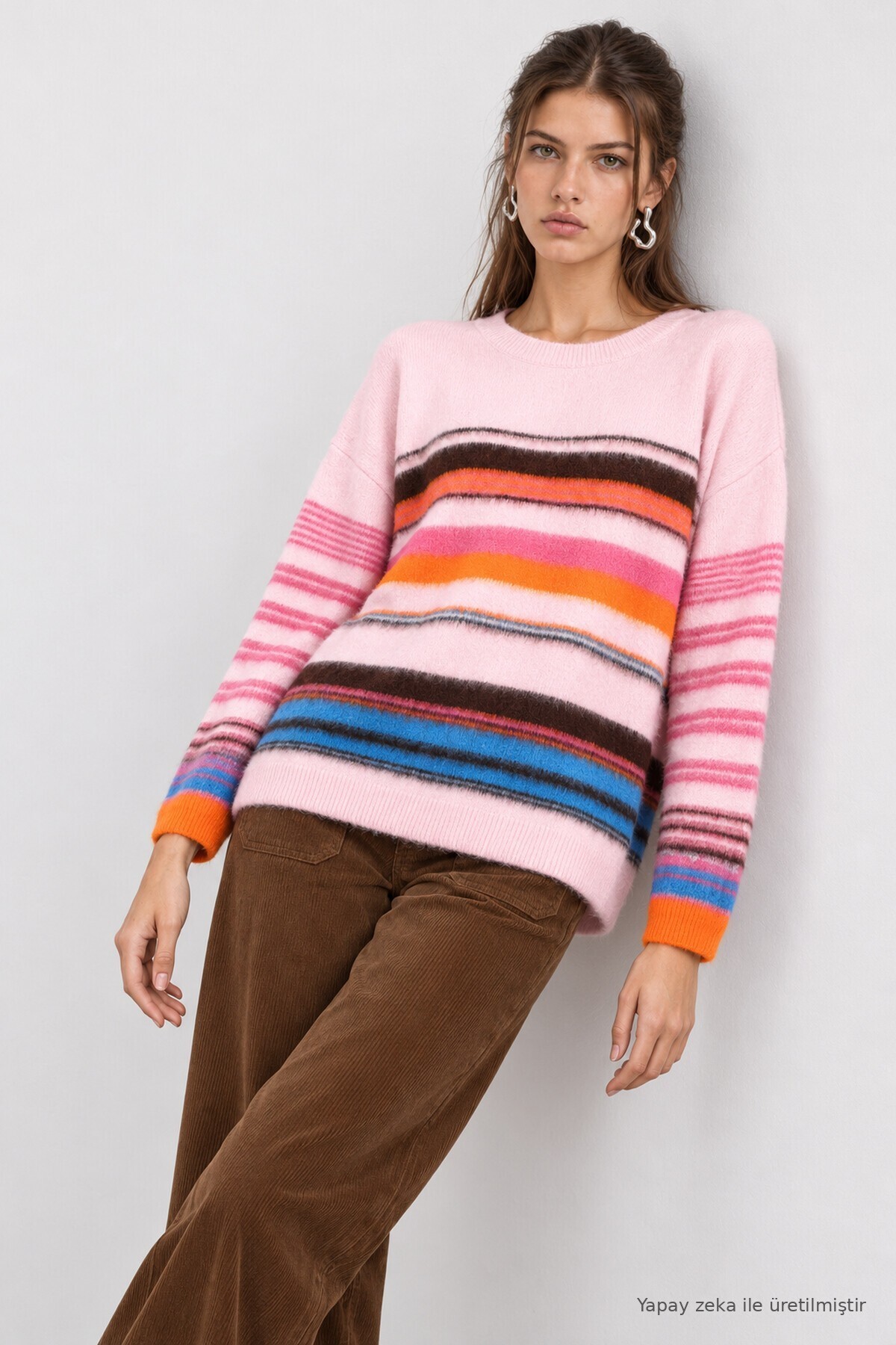 Çizgili Oversize Triko Kazak PEMBE ORANJ LMA0004