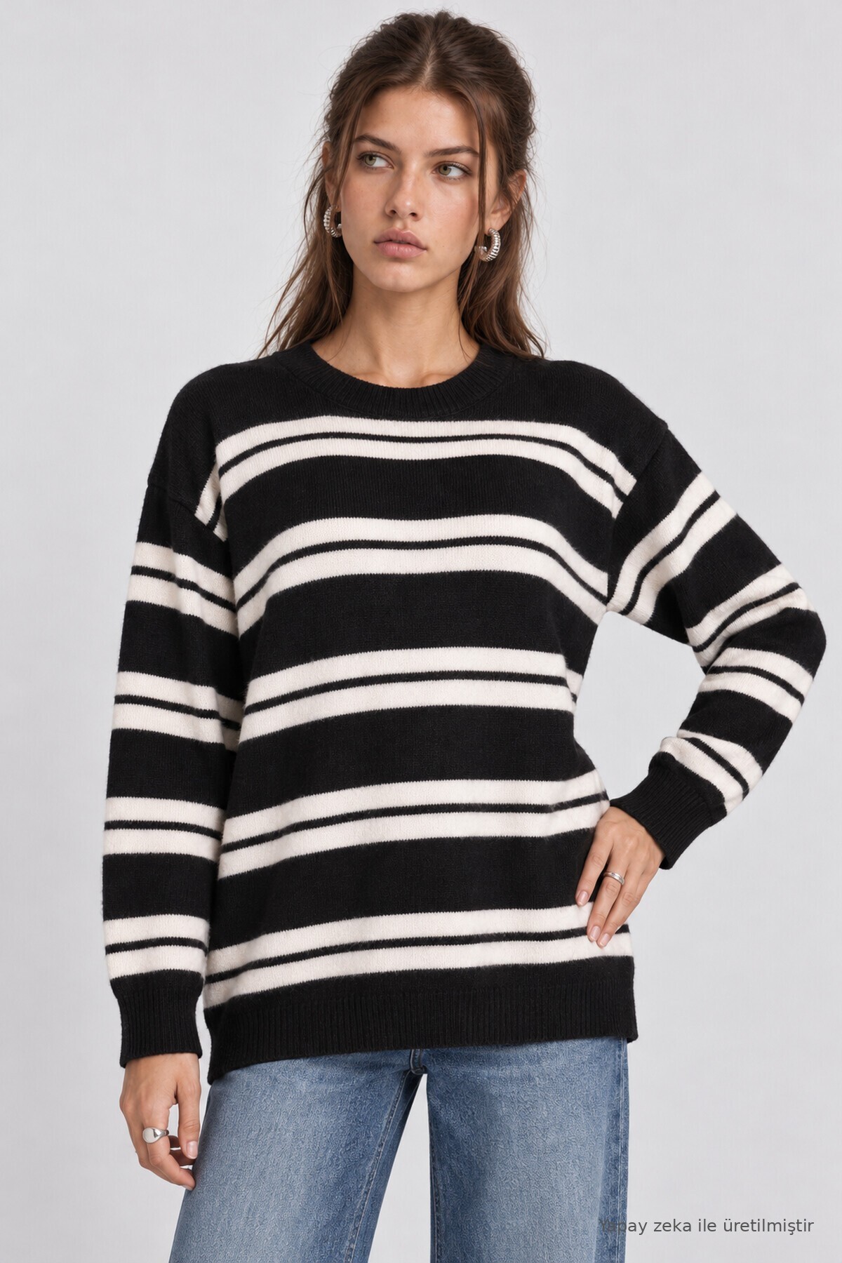 Çizgili Oversize Triko Kazak SİYAH EKRU LMA0001