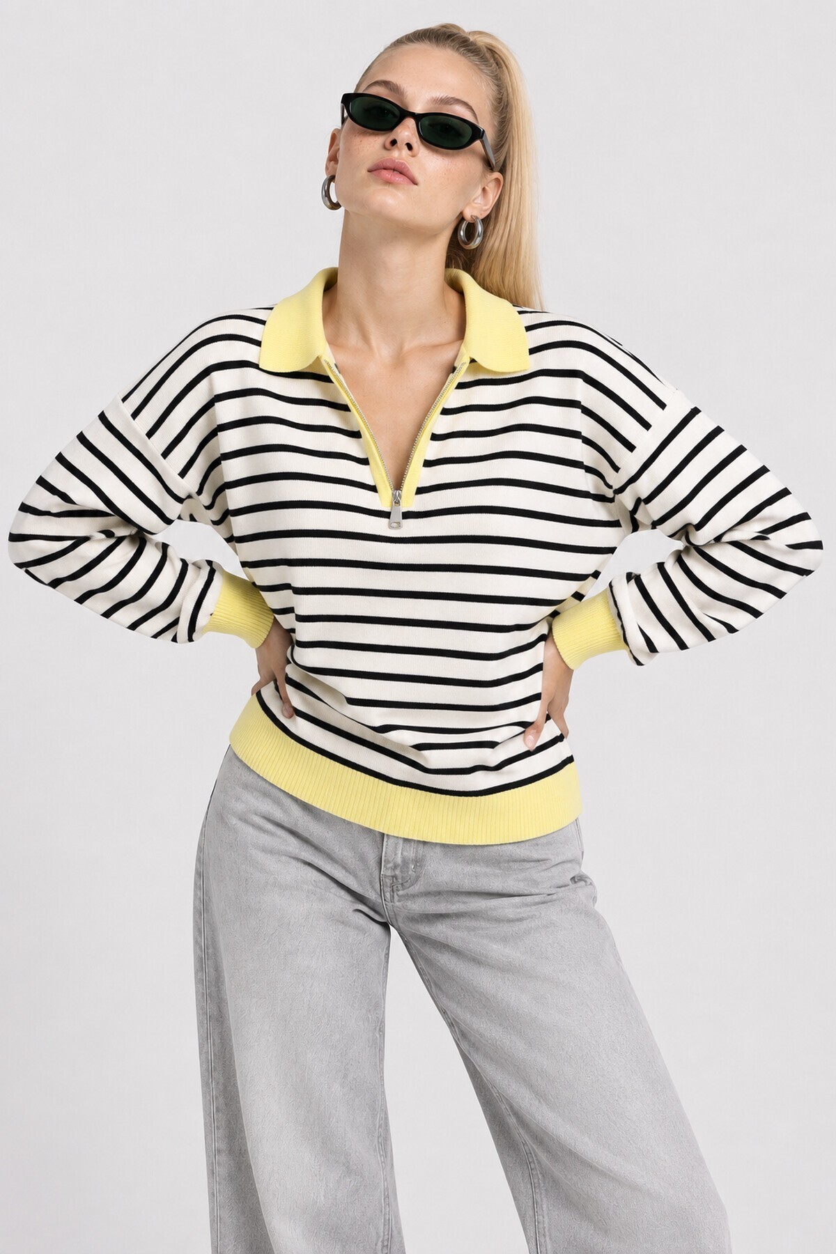Çizgili Polo Yaka Oversize Triko Kazak 4419 EKRU SARI LKİ0056