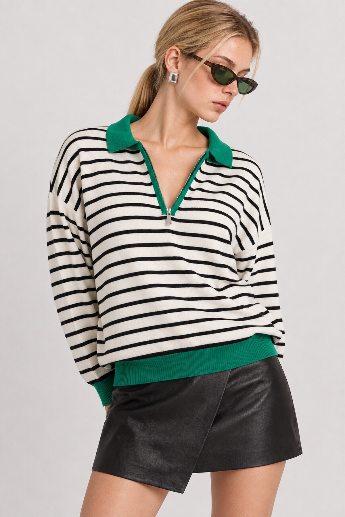 Çizgili Polo Yaka Oversize Triko Kazak 4419 EKRU YEŞİL LKİ0056