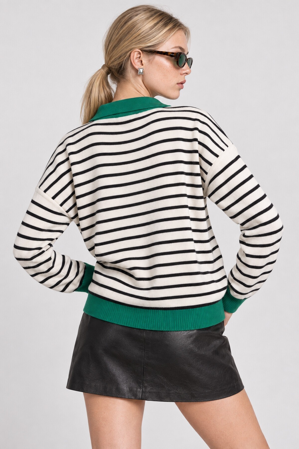 Çizgili Polo Yaka Oversize Triko Kazak 4419 EKRU YEŞİL LKİ0056