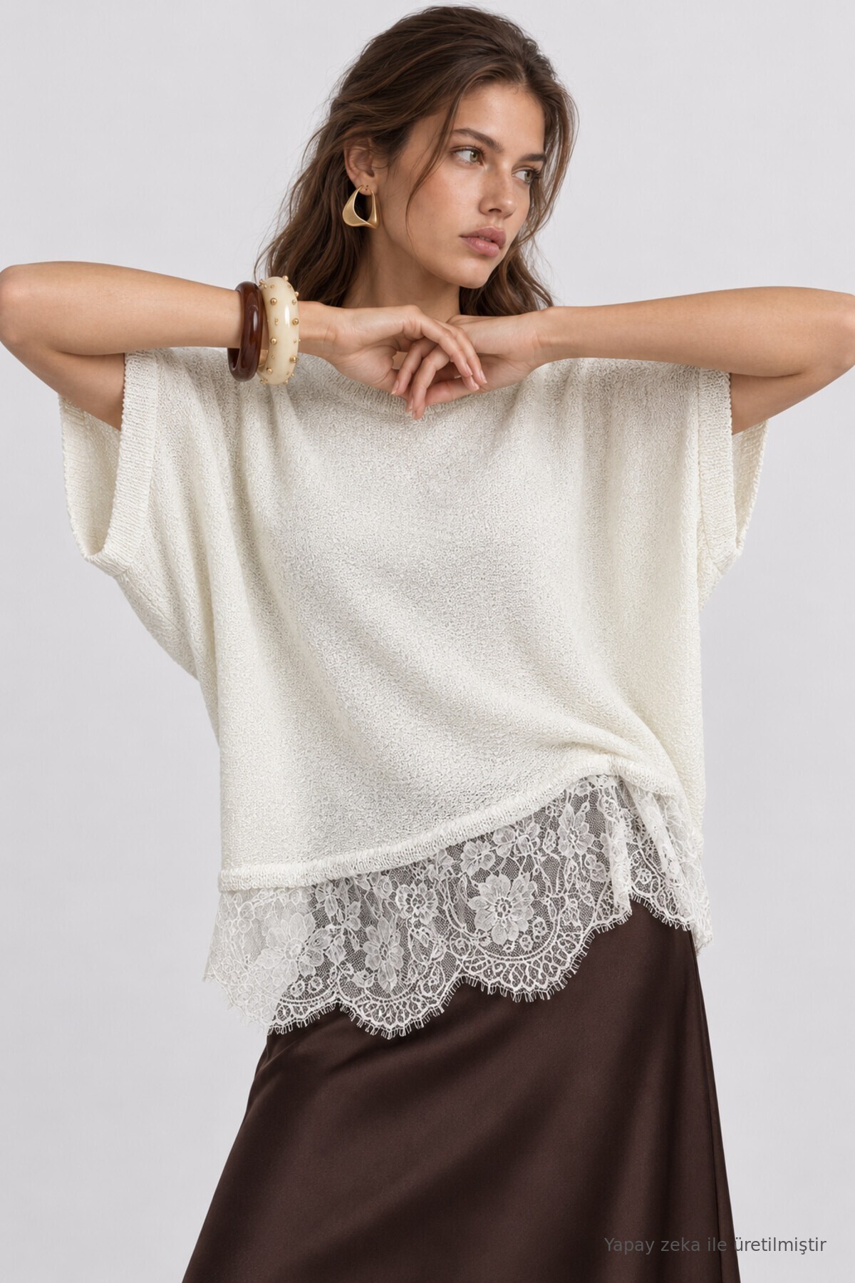 Dantelli Mevsimlik Oversize Triko Bluz 4421 EKRU LKİ0074