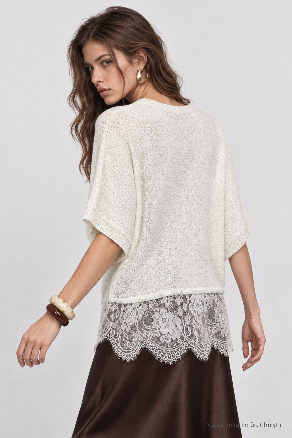 Dantelli Mevsimlik Oversize Triko Bluz 4421 EKRU LKİ0074