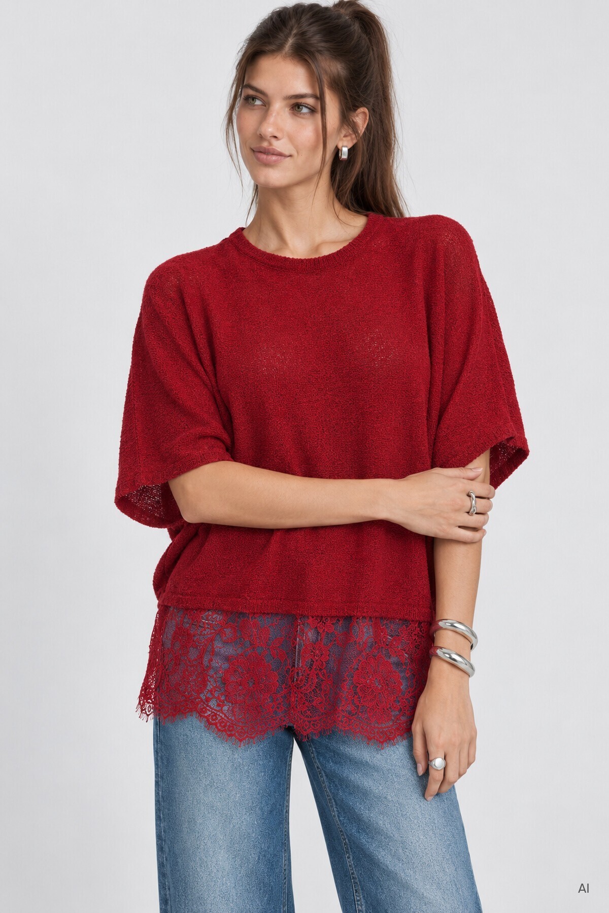 Dantelli Mevsimlik Oversize Triko Bluz 4421 KIRMIZI LKİ0074