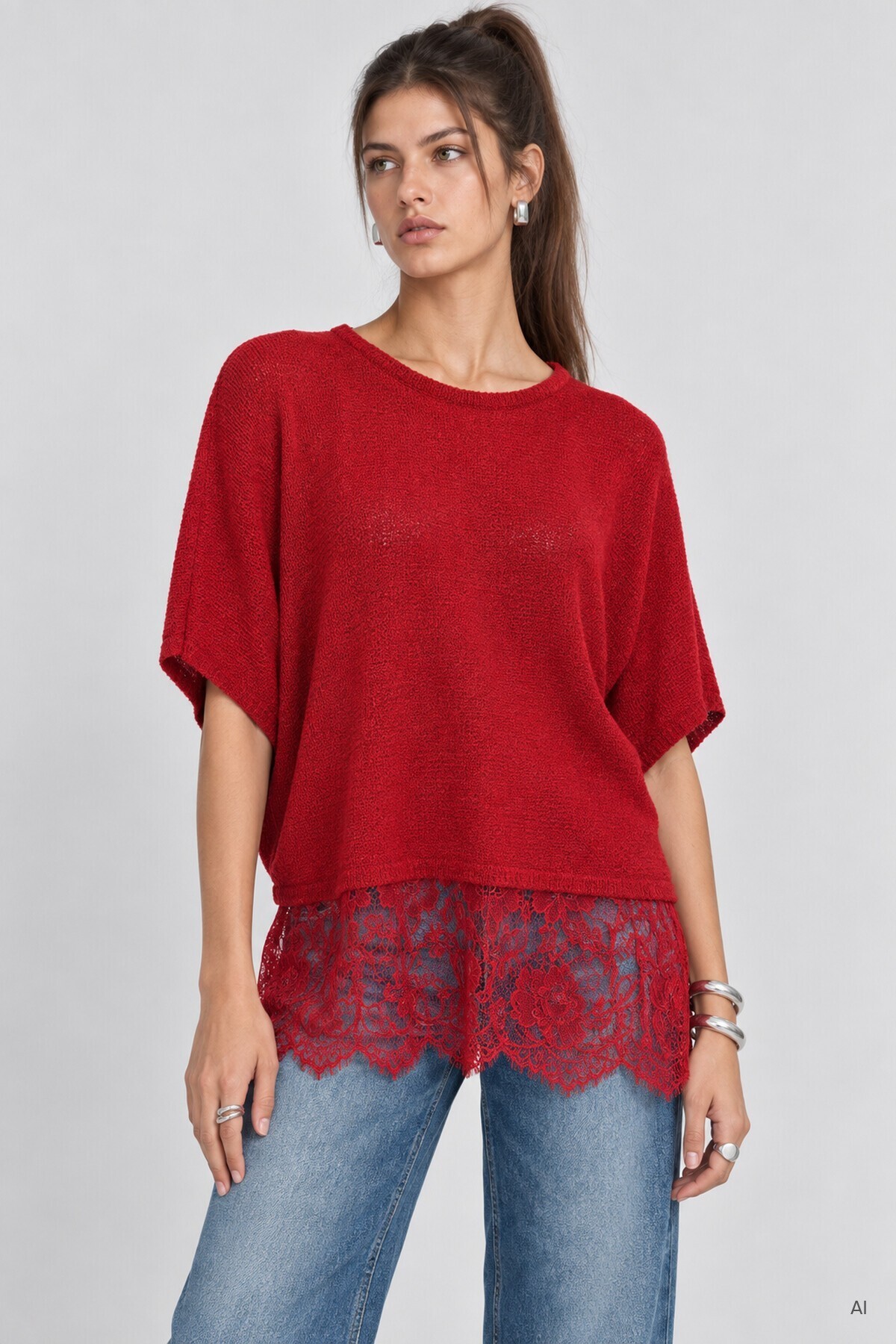 Dantelli Mevsimlik Oversize Triko Bluz 4421 KIRMIZI LKİ0074