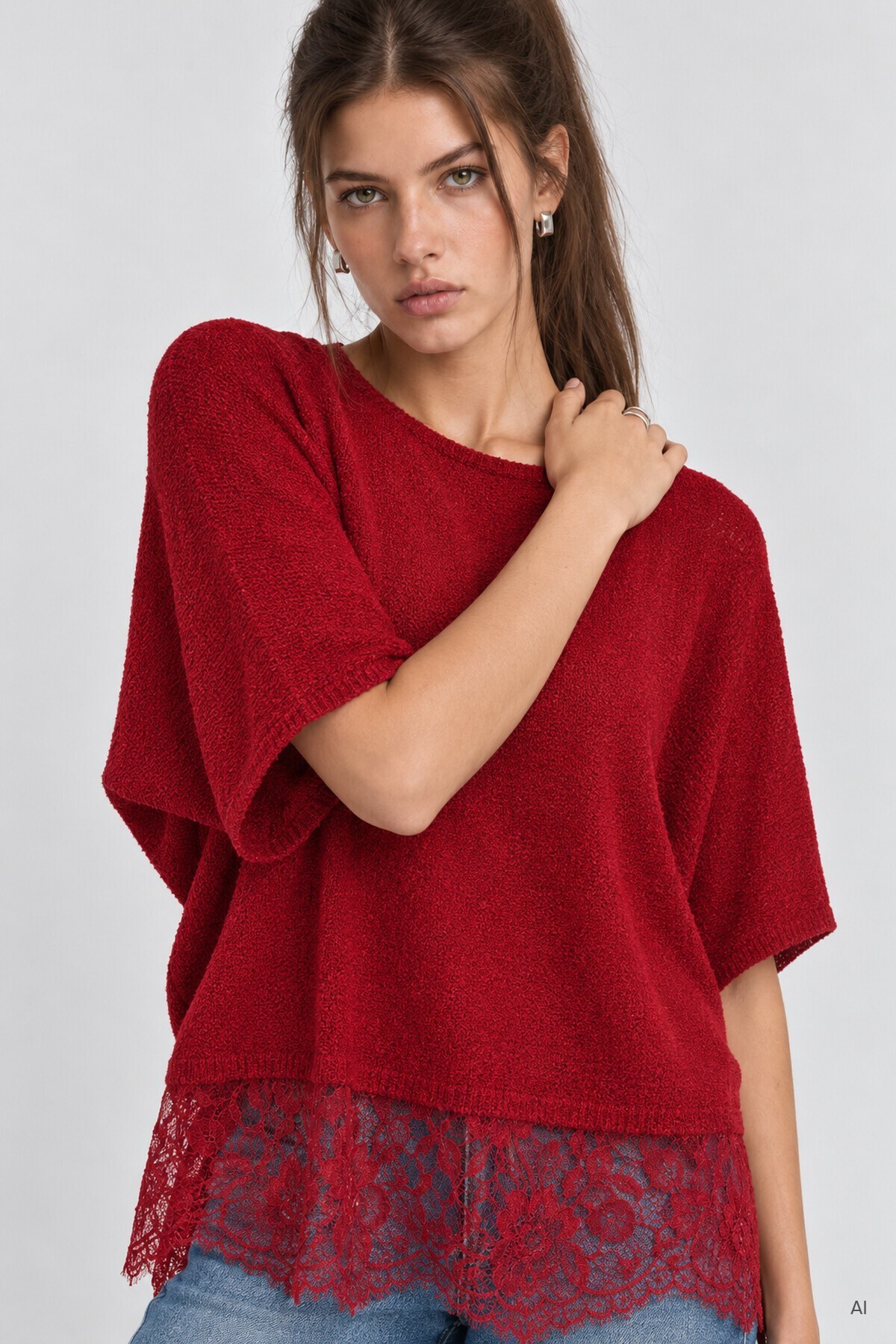 Dantelli Mevsimlik Oversize Triko Bluz 4421 KIRMIZI LKİ0074