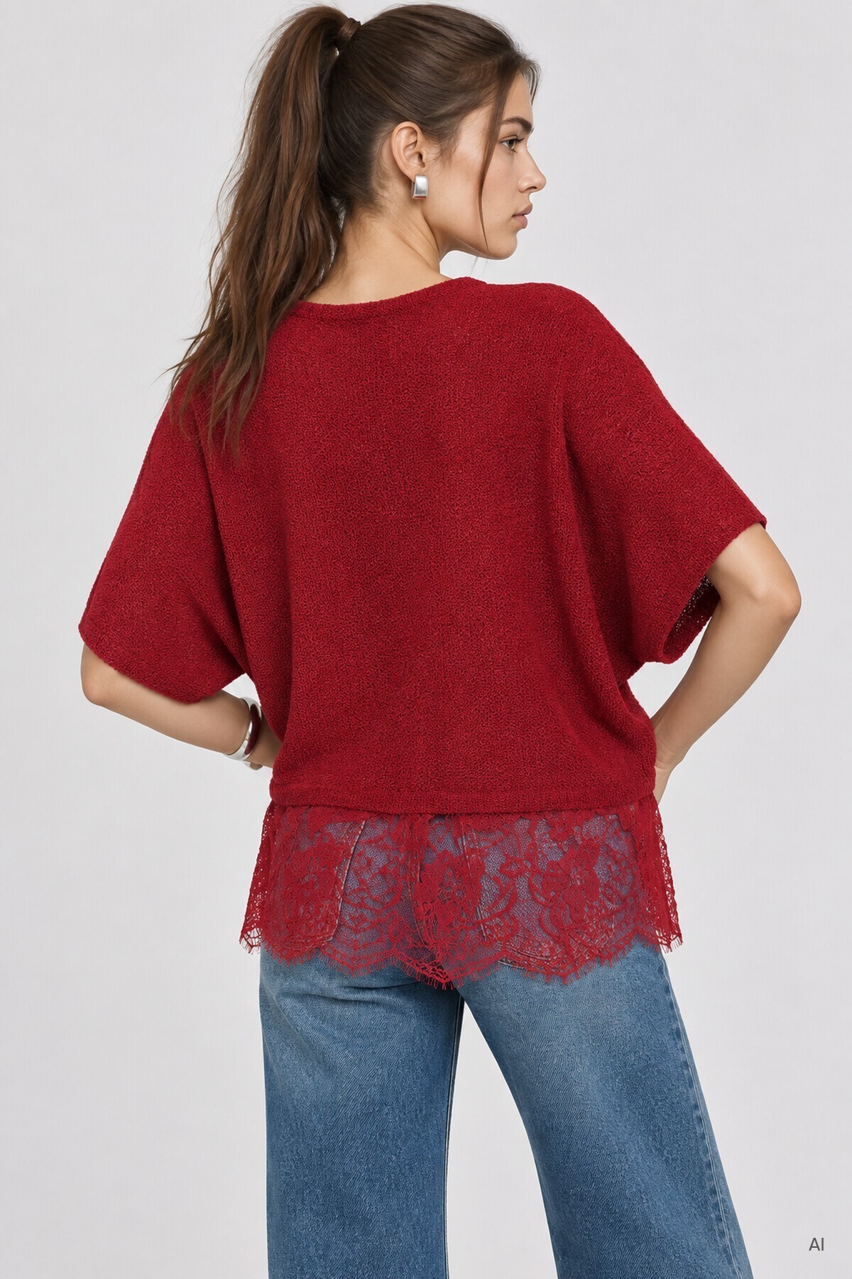 Dantelli Mevsimlik Oversize Triko Bluz 4421 KIRMIZI LKİ0074
