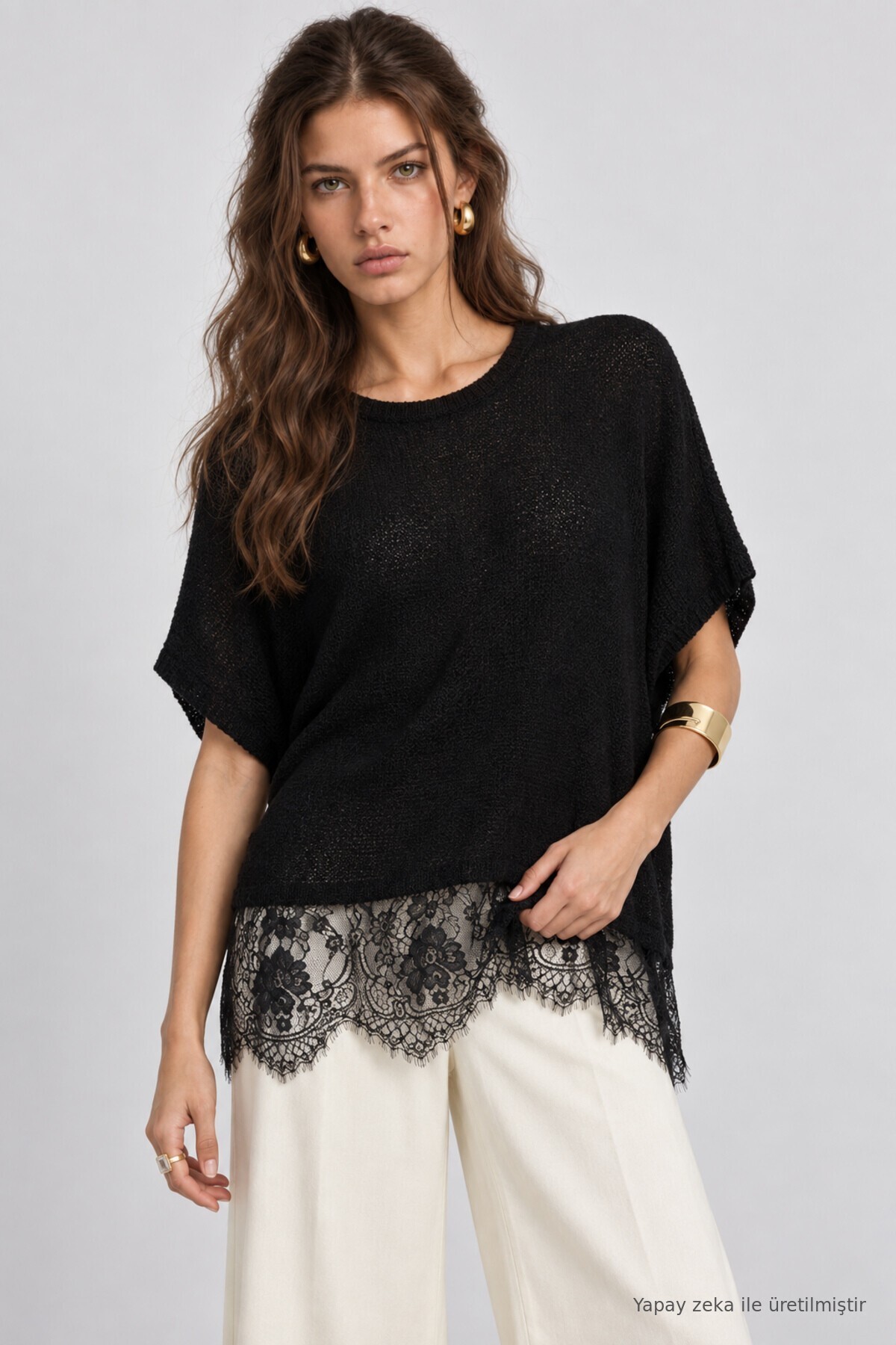 Dantelli Mevsimlik Oversize Triko Bluz 4421 SİYAH LKİ0074