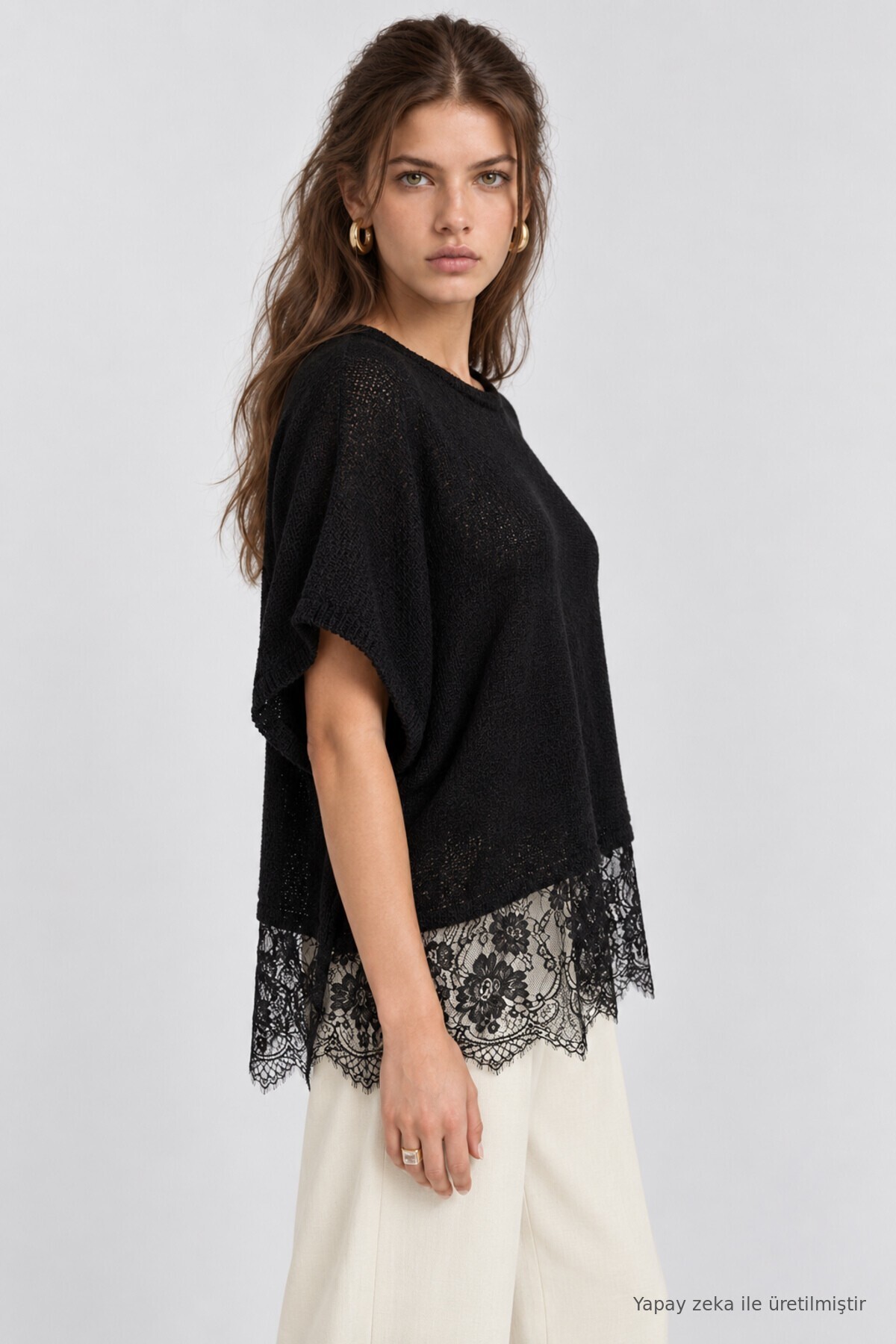 Dantelli Mevsimlik Oversize Triko Bluz 4421 SİYAH LKİ0074
