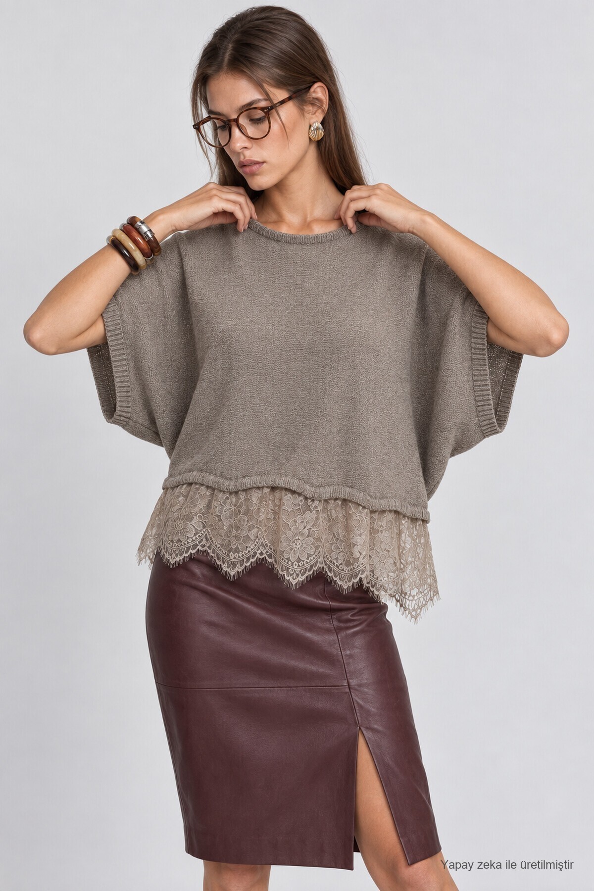 Dantelli Mevsimlik Oversize Triko Bluz 4421 TAŞ LKİ0074