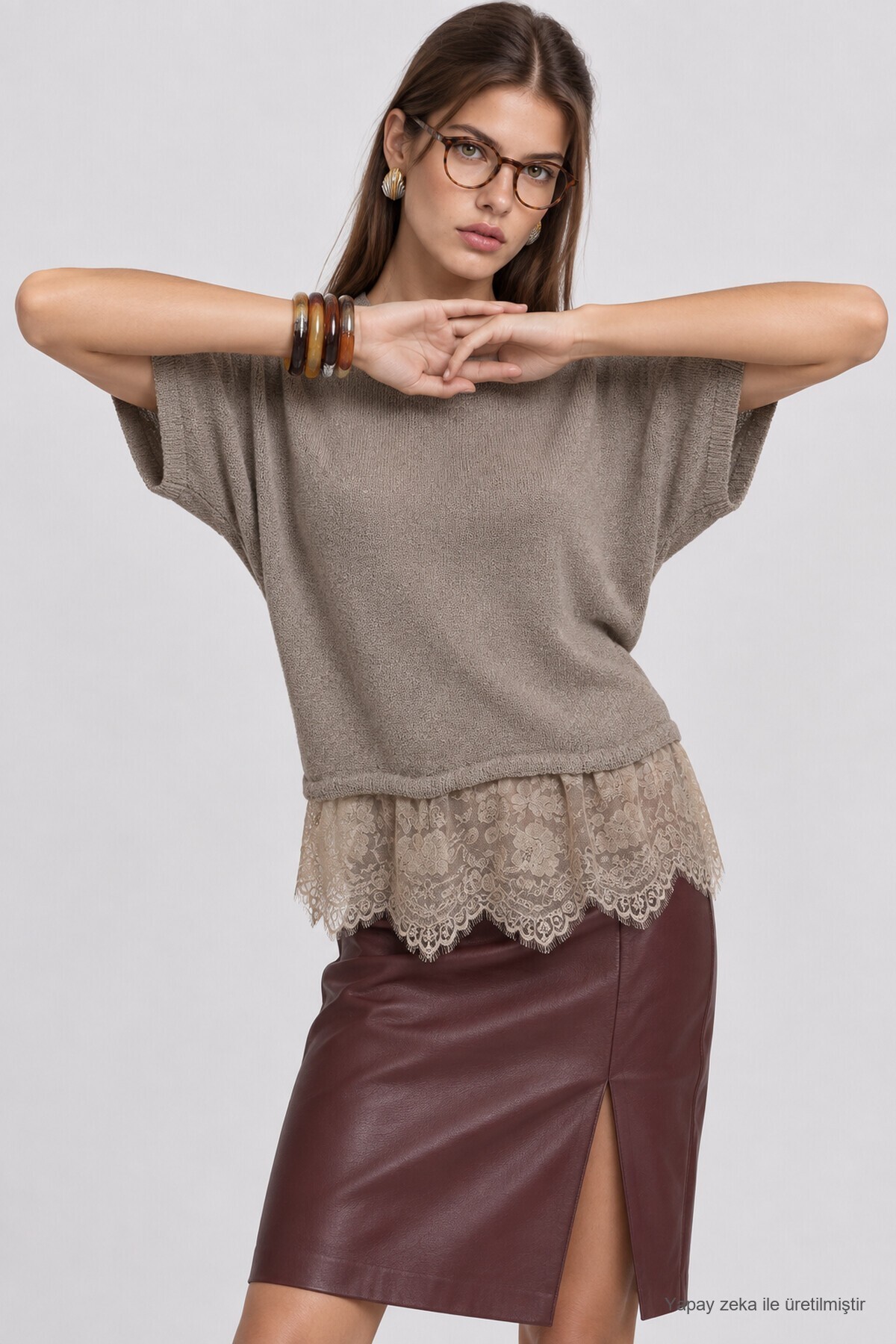 Dantelli Mevsimlik Oversize Triko Bluz 4421 TAŞ LKİ0074
