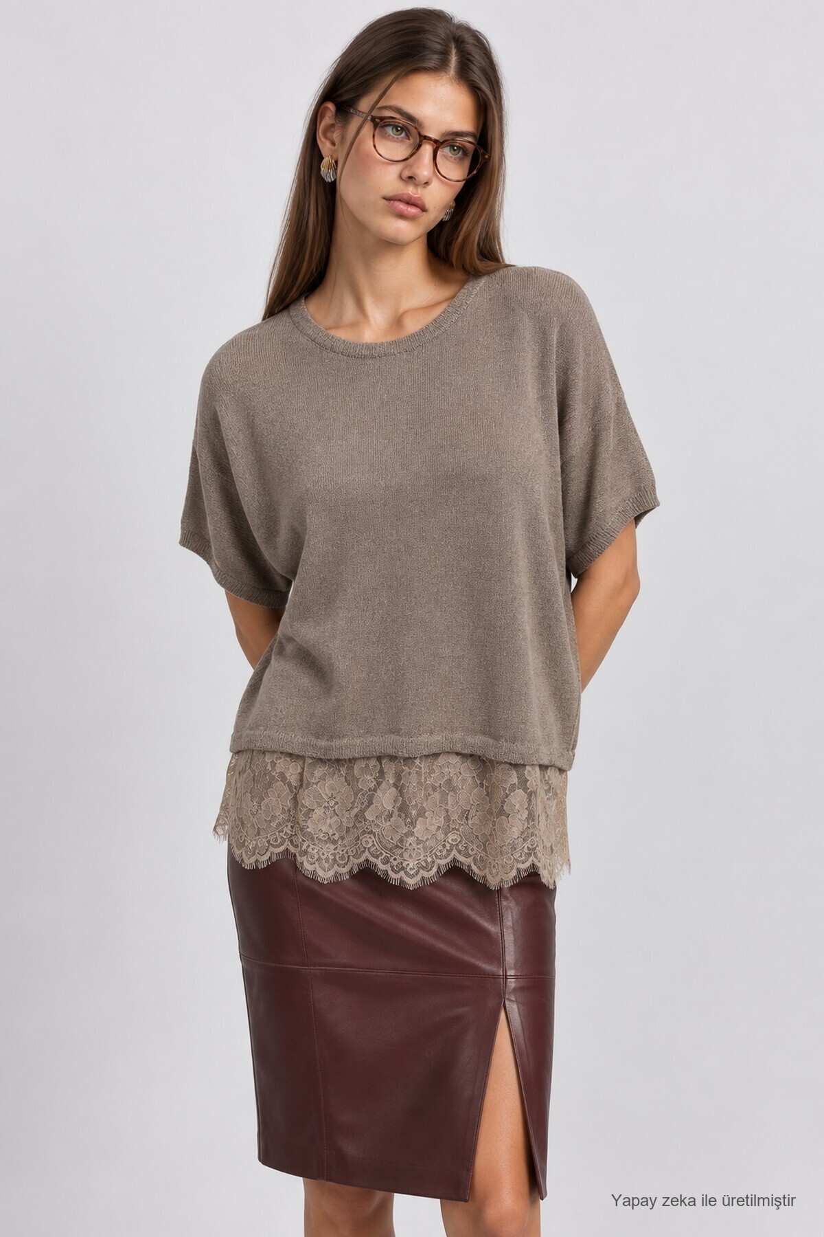 Dantelli Mevsimlik Oversize Triko Bluz 4421 TAŞ LKİ0074